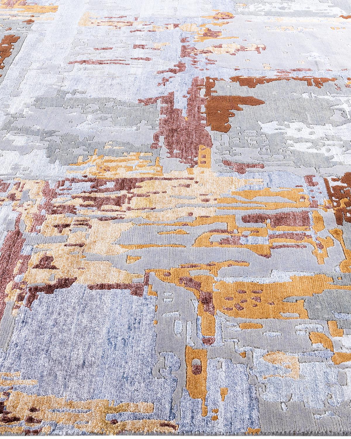 Contemporary Modern Hand Knotted Abstract Silk & Wool Gray Area Rug 8'3