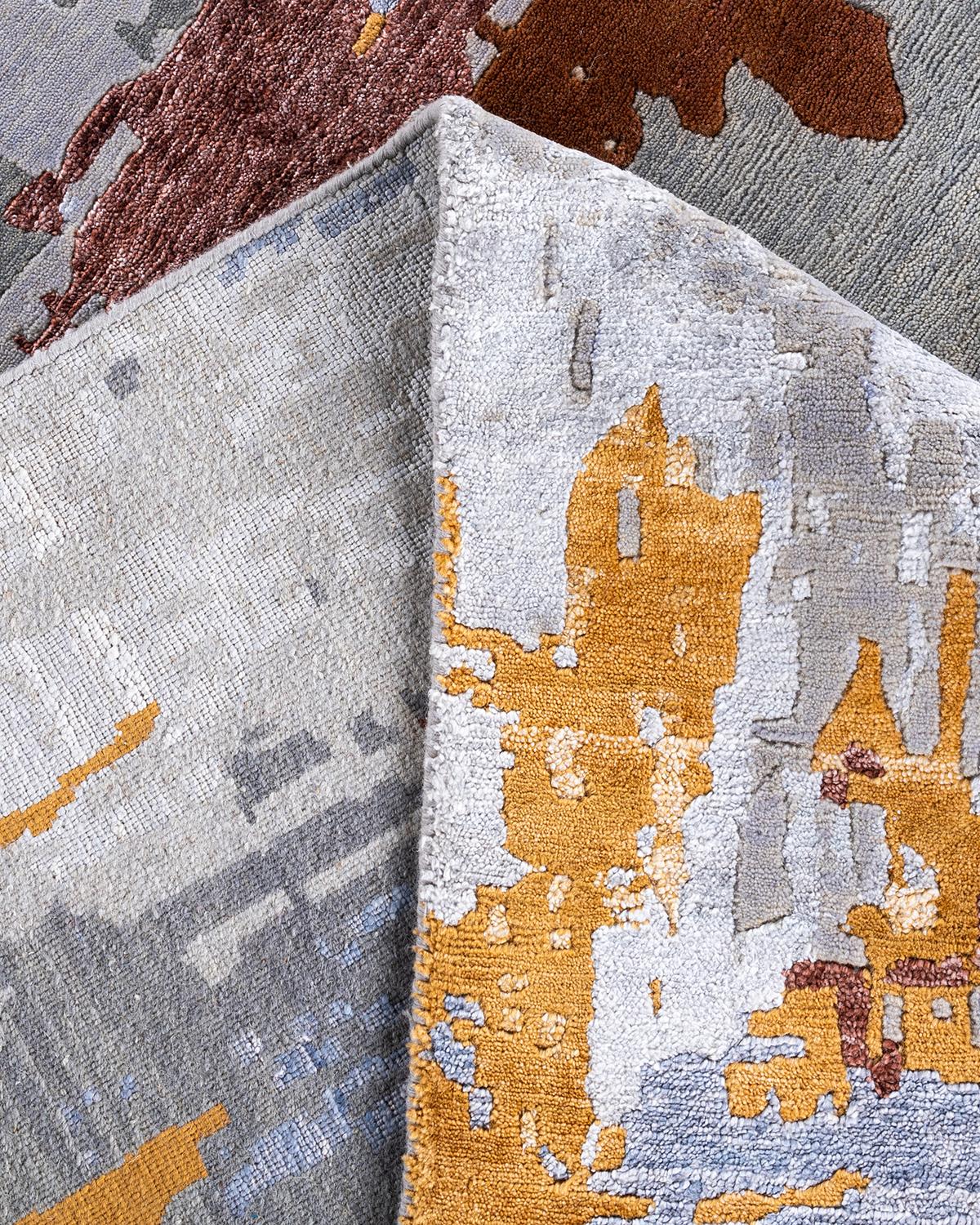 Contemporary Modern Hand Knotted Abstract Silk & Wool Gray Area Rug 8'3