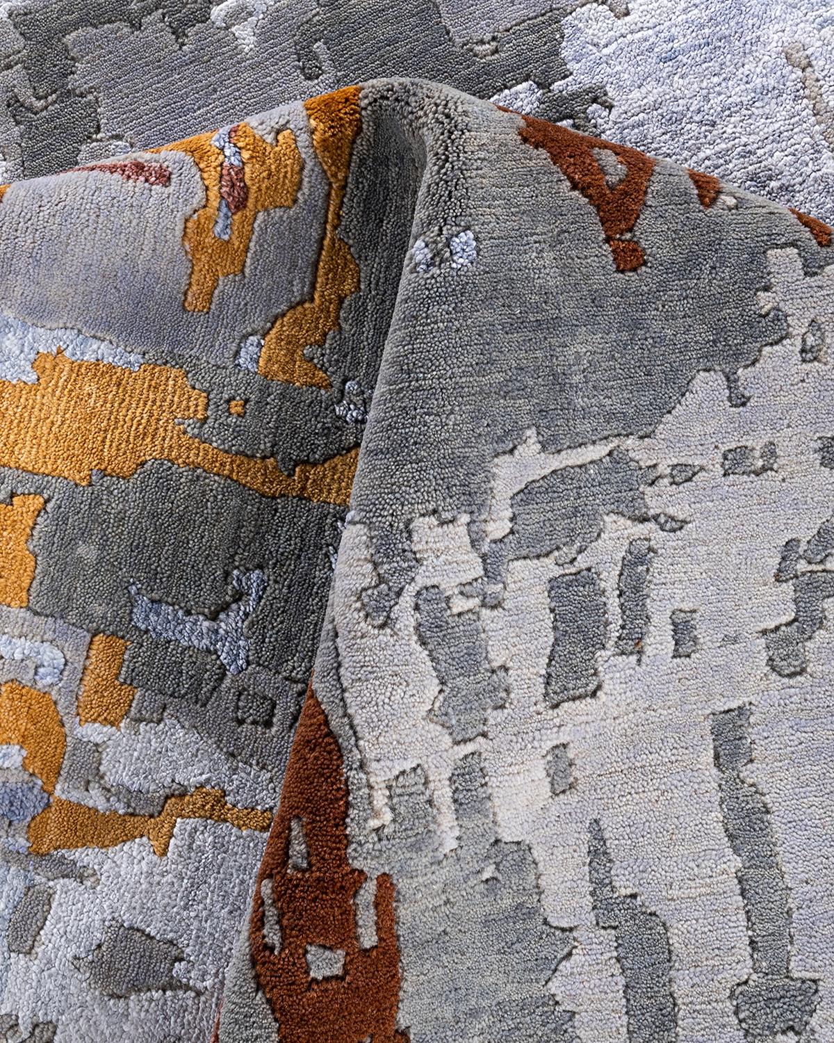 Contemporary Modern Hand Knotted Abstract Silk & Wool Gray Area Rug 8'3