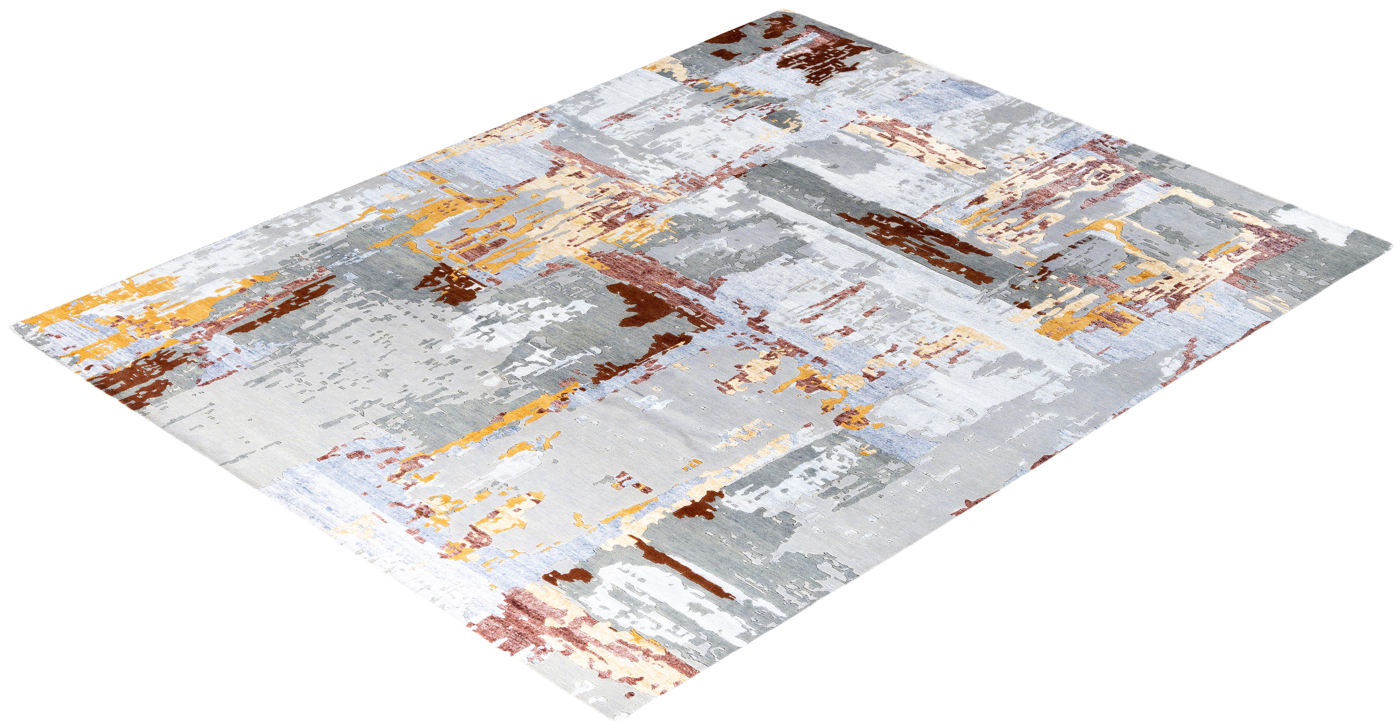 Contemporary Modern Hand Knotted Abstract Silk & Wool Gray Area Rug 8'3