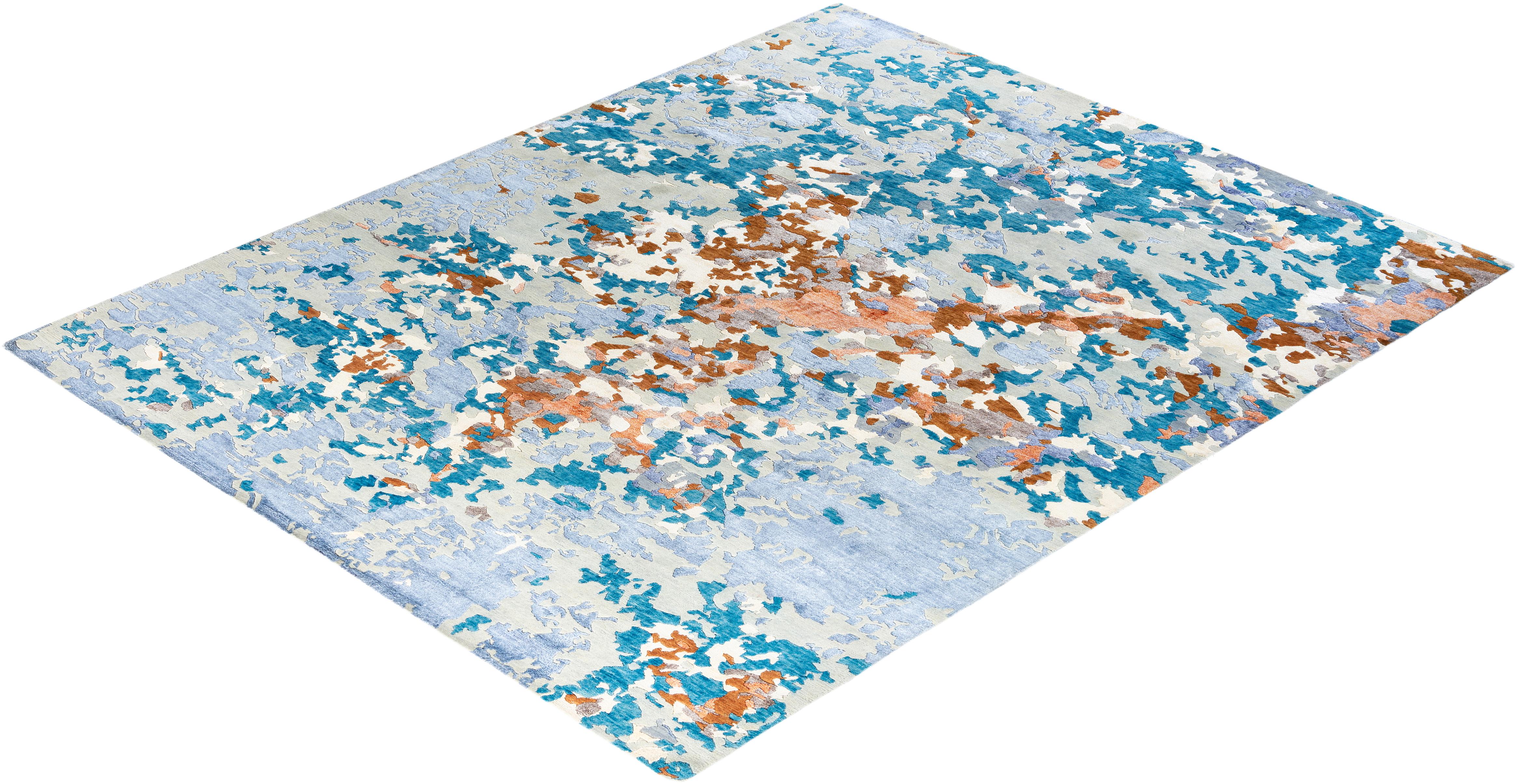 Contemporary Modern Hand Knotted Abstract Silk & Wool Gray Area Rug 8'3