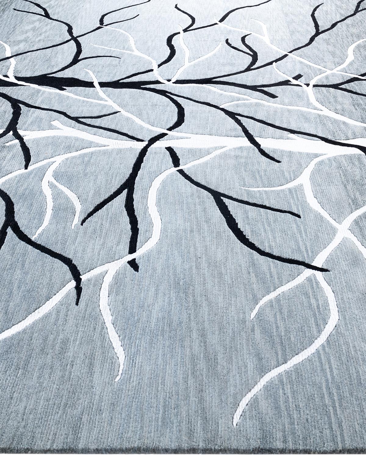 Noué à la main Contemporary Modern Abstrait Noué à la Main Soie et Laine Tapis de Zone Gris 9' 0
