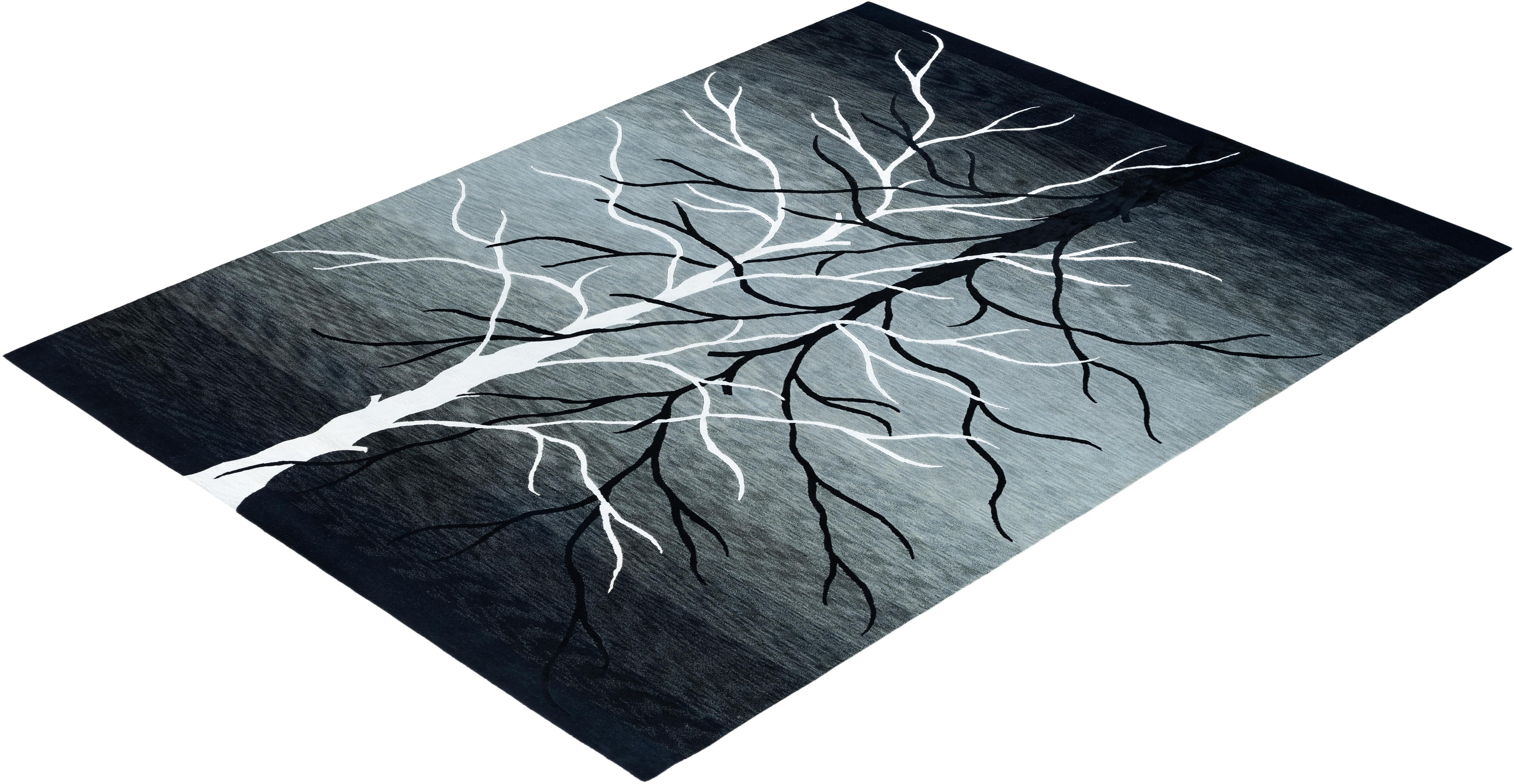 Contemporary Modern Abstrait Noué à la Main Soie et Laine Tapis de Zone Gris 9' 0