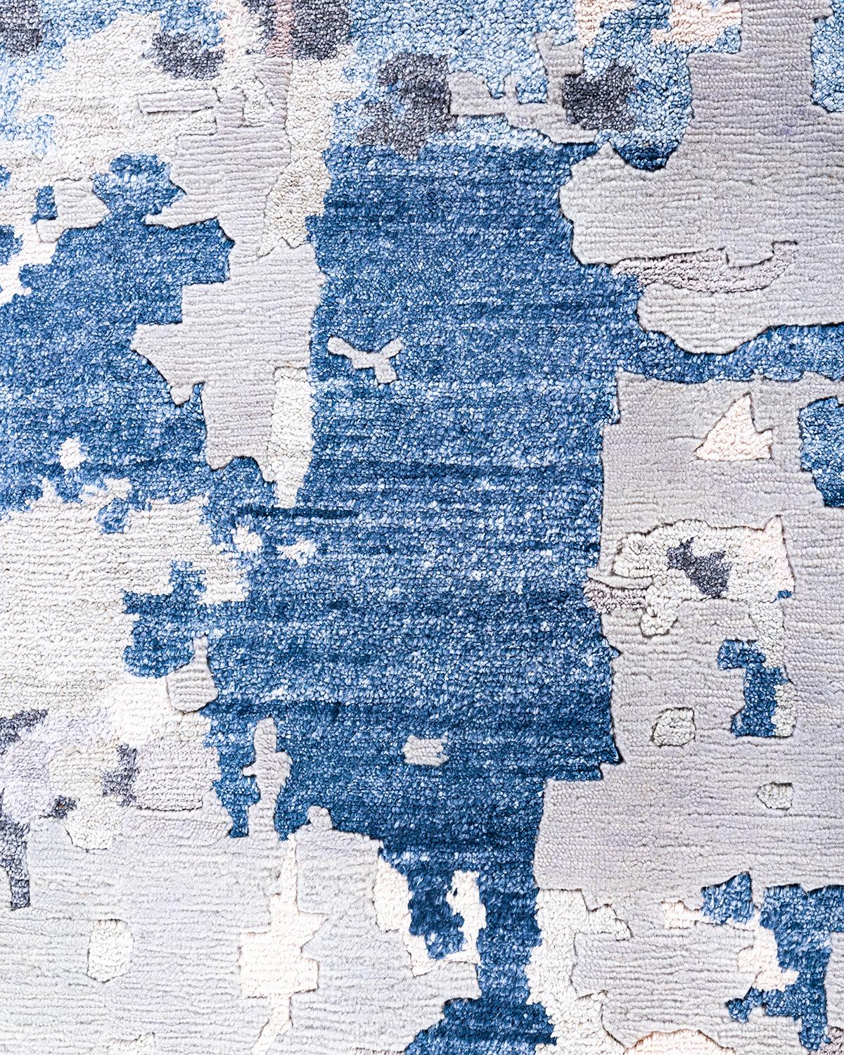 Indiano Tappeto moderno e contemporaneo in seta astratta e lana grigio annodato a mano 9'1