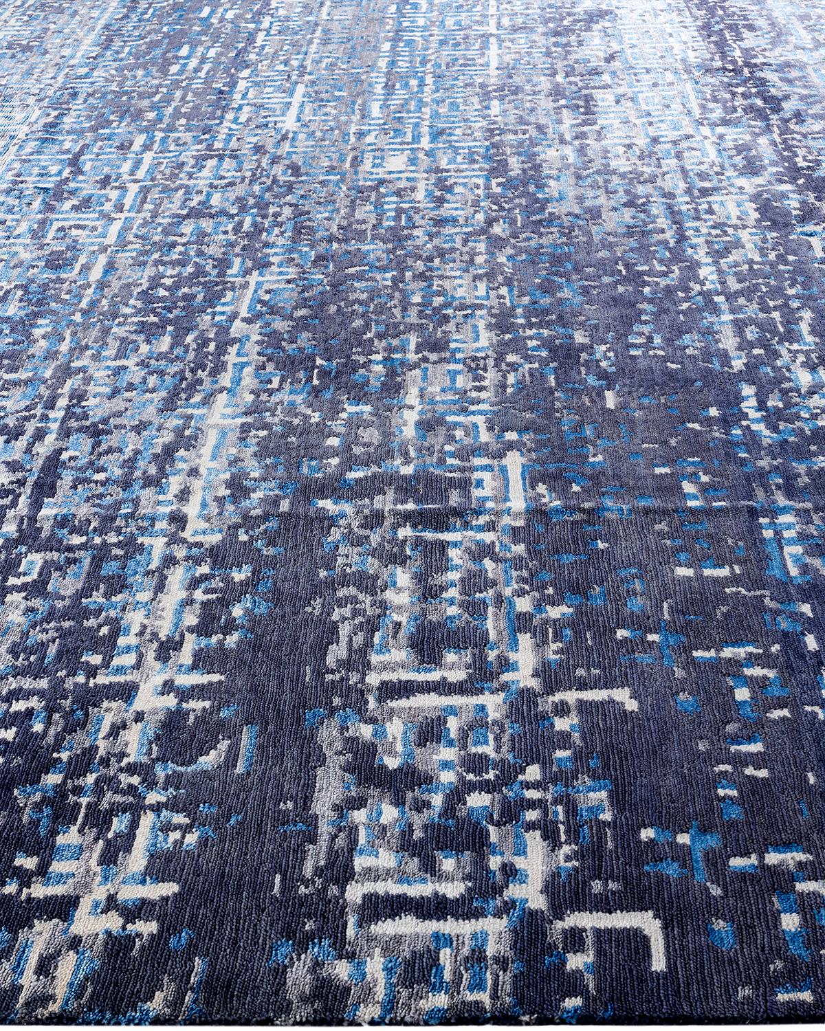 Hand-Knotted Contemporary Modern Hand Knotted Abstract Silk & Wool Gray Area Rug 9'1