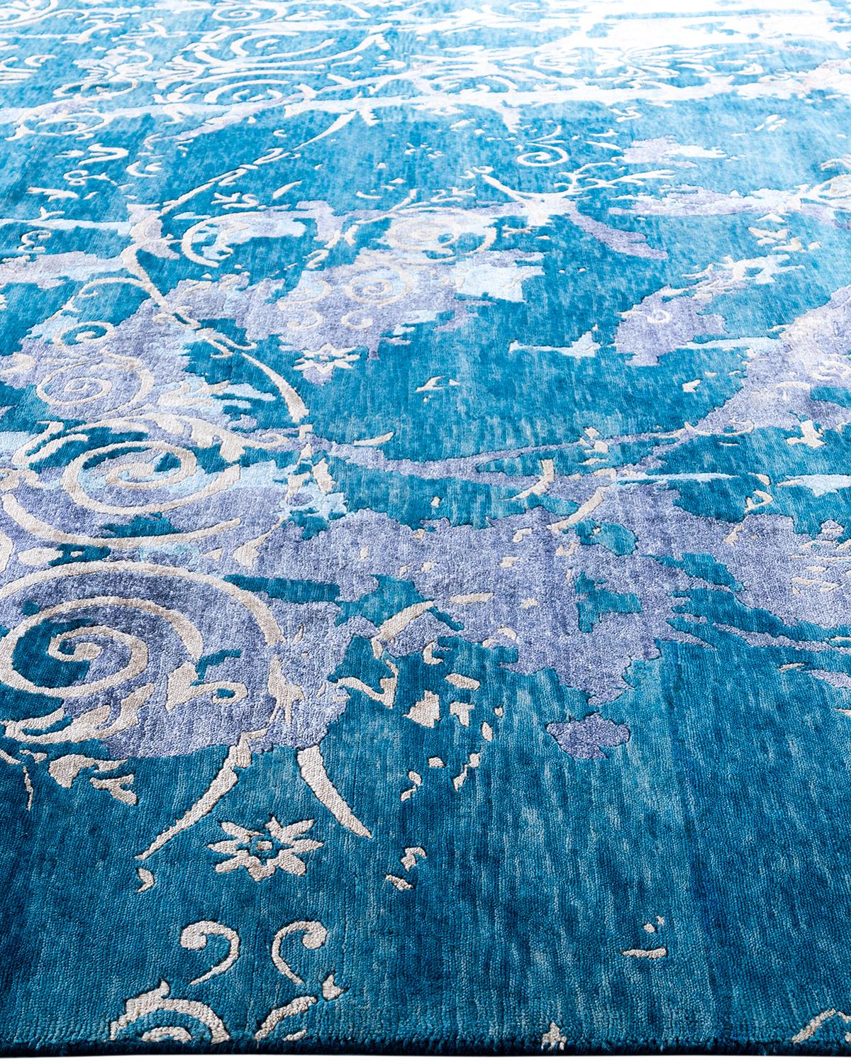 Hand-Knotted Contemporary Modern Hand Knotted Abstract Silk & Wool Gray Area Rug 9'1