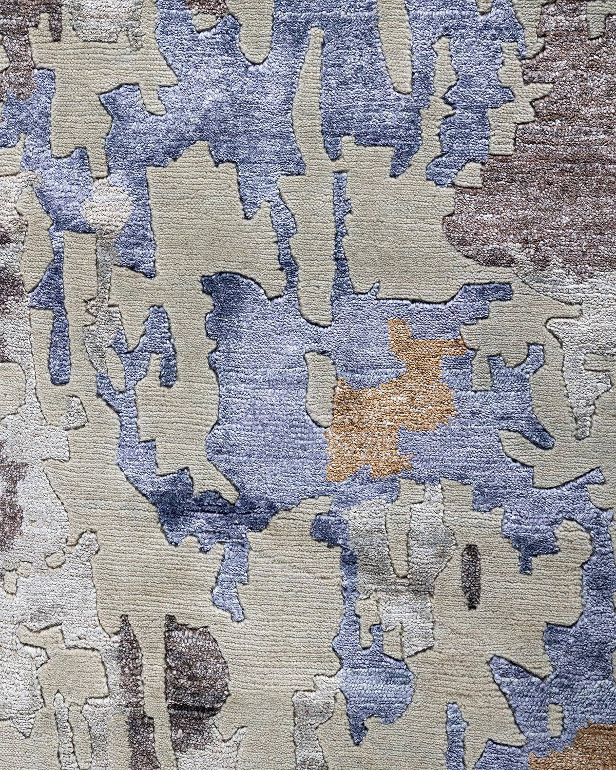 Indiano Tappeto moderno e contemporaneo in seta astratta e lana grigio annodato a mano 9'2