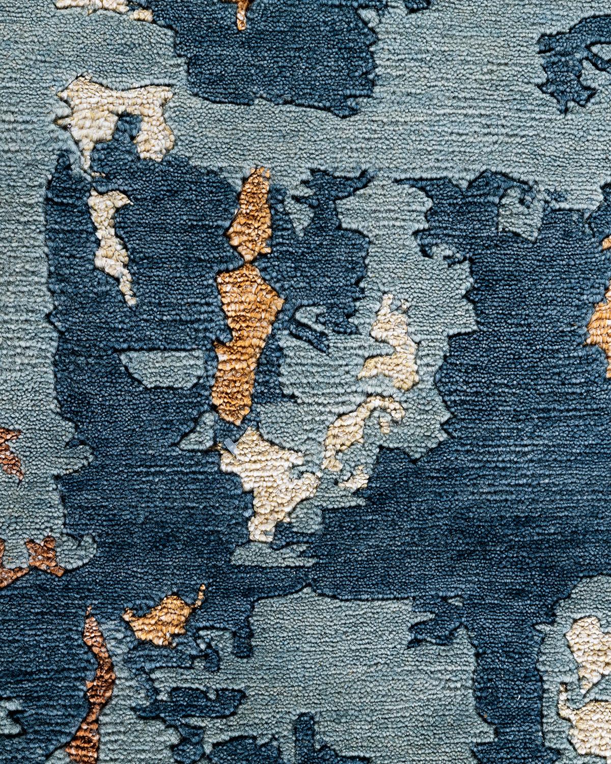 Indien Tapis contemporain moderne noué à la main, abstrait, en soie et laine, vert 8'1