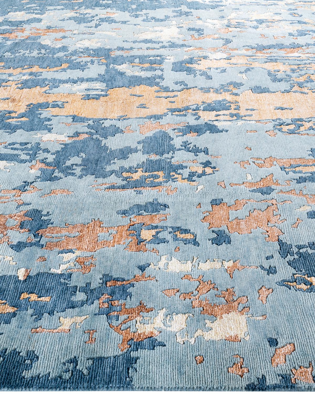 Noué à la main Tapis contemporain moderne noué à la main, abstrait, en soie et laine, vert 8'1