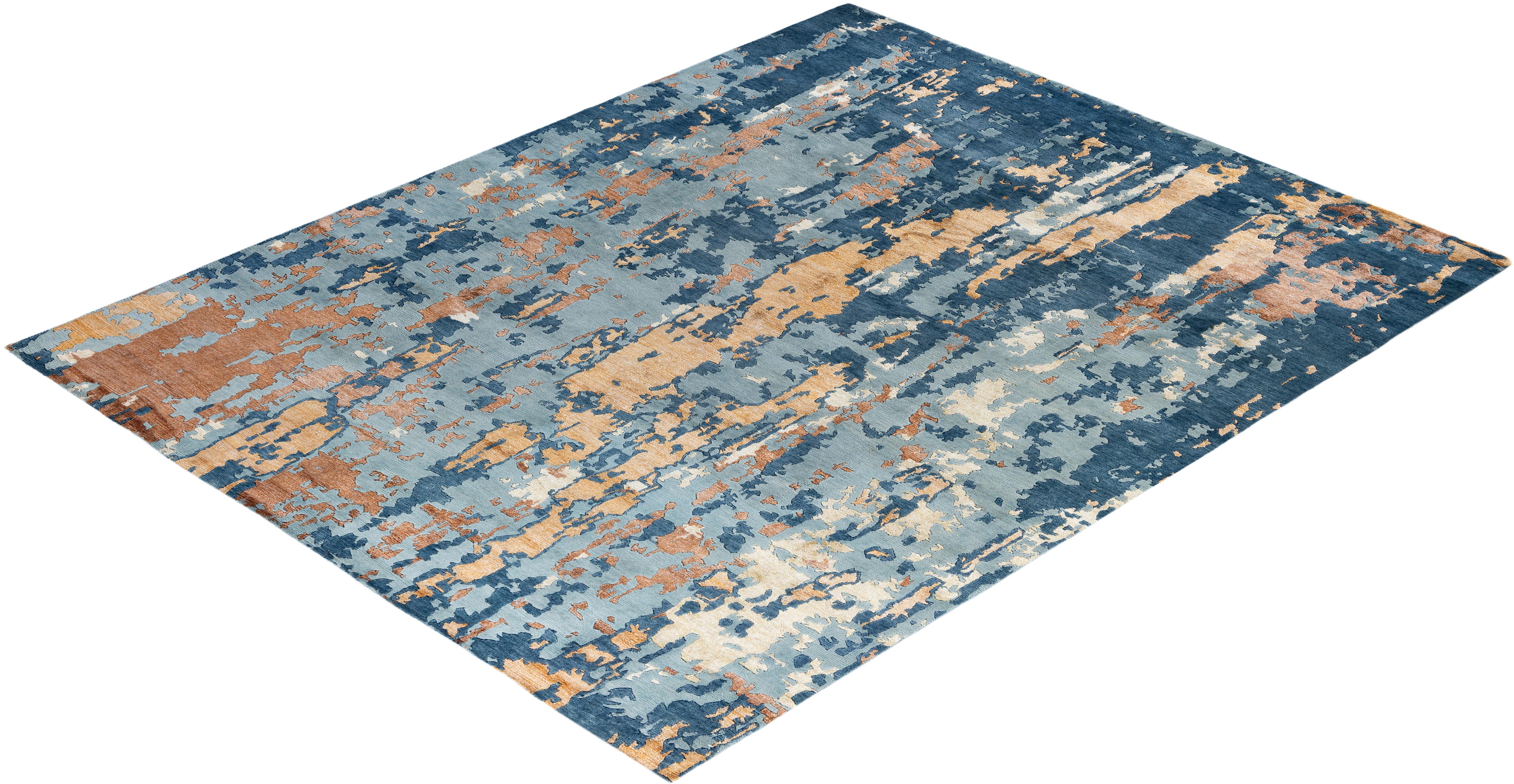 Tapis contemporain moderne noué à la main, abstrait, en soie et laine, vert 8'1