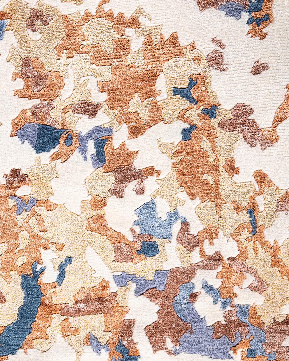 Indien Tapis d'extérieur contemporain moderne noué à la main en soie et laine ivoire  8'2