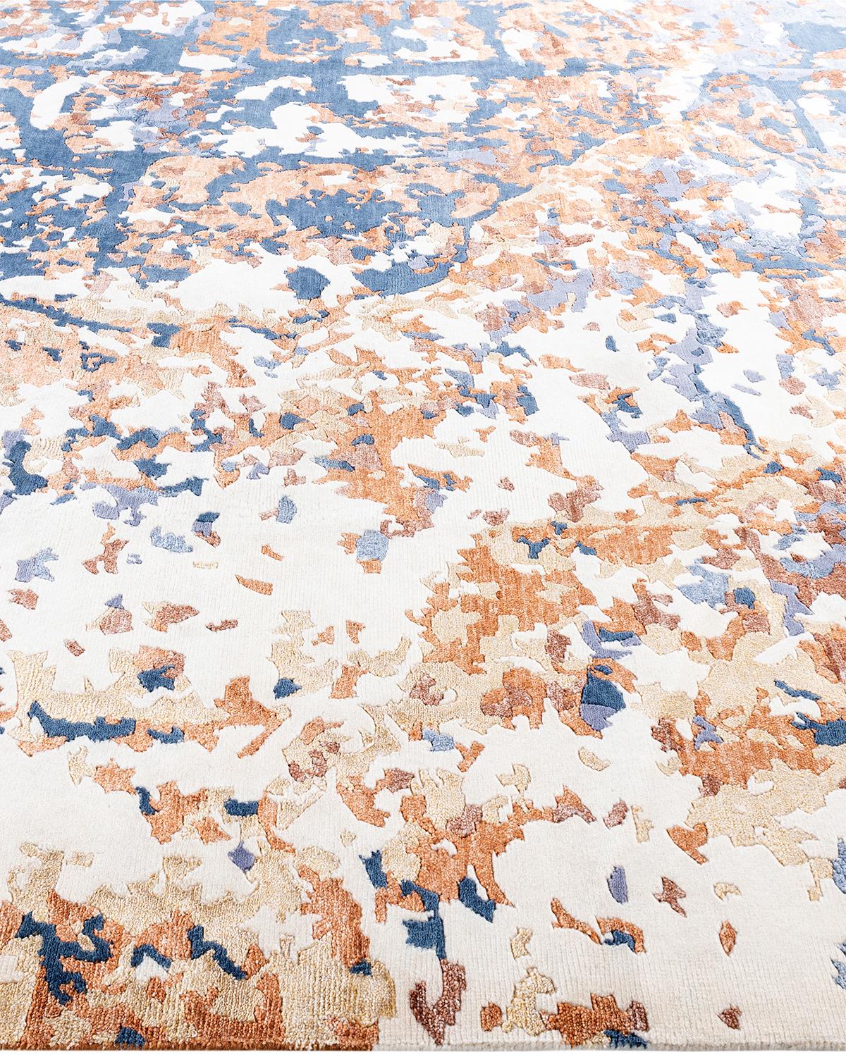 Noué à la main Tapis d'extérieur contemporain moderne noué à la main en soie et laine ivoire  8'2