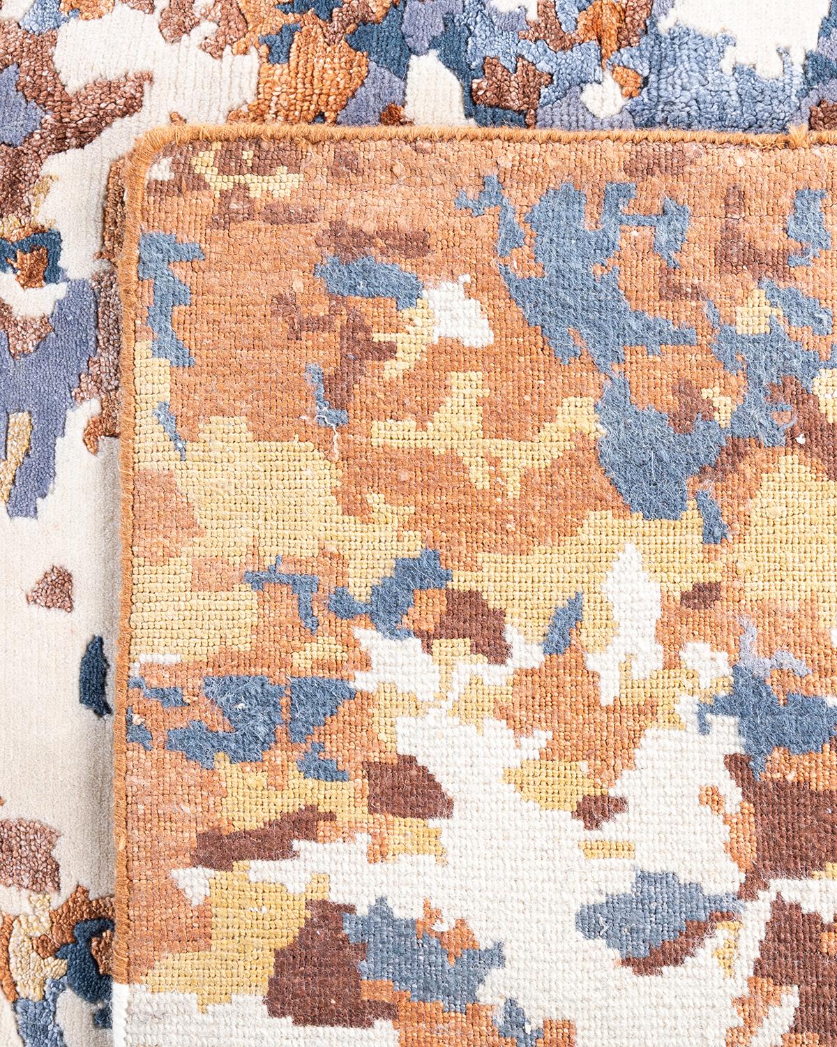 Tapis d'extérieur contemporain moderne noué à la main en soie et laine ivoire  8'2