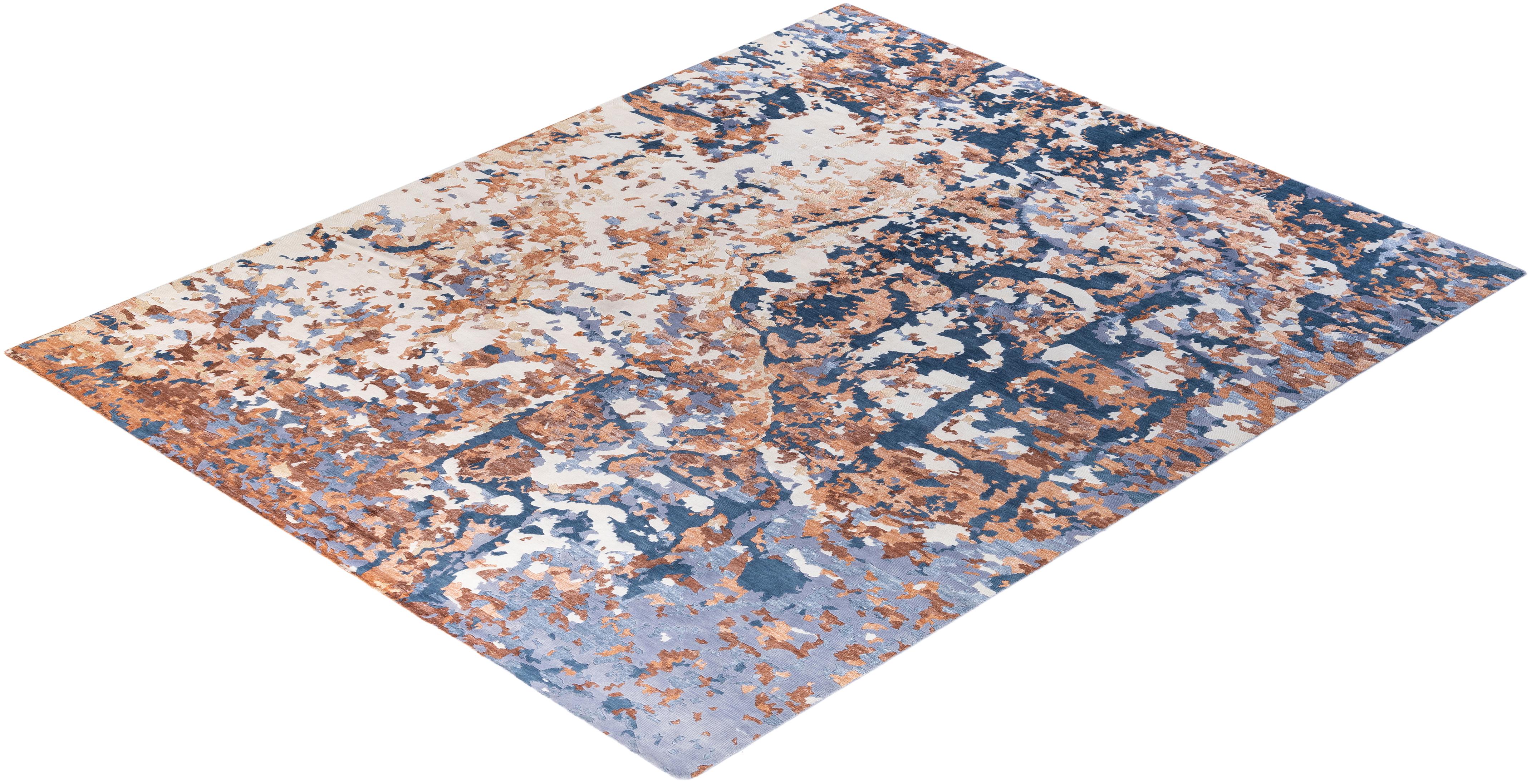 Tapis d'extérieur contemporain moderne noué à la main en soie et laine ivoire  8'2