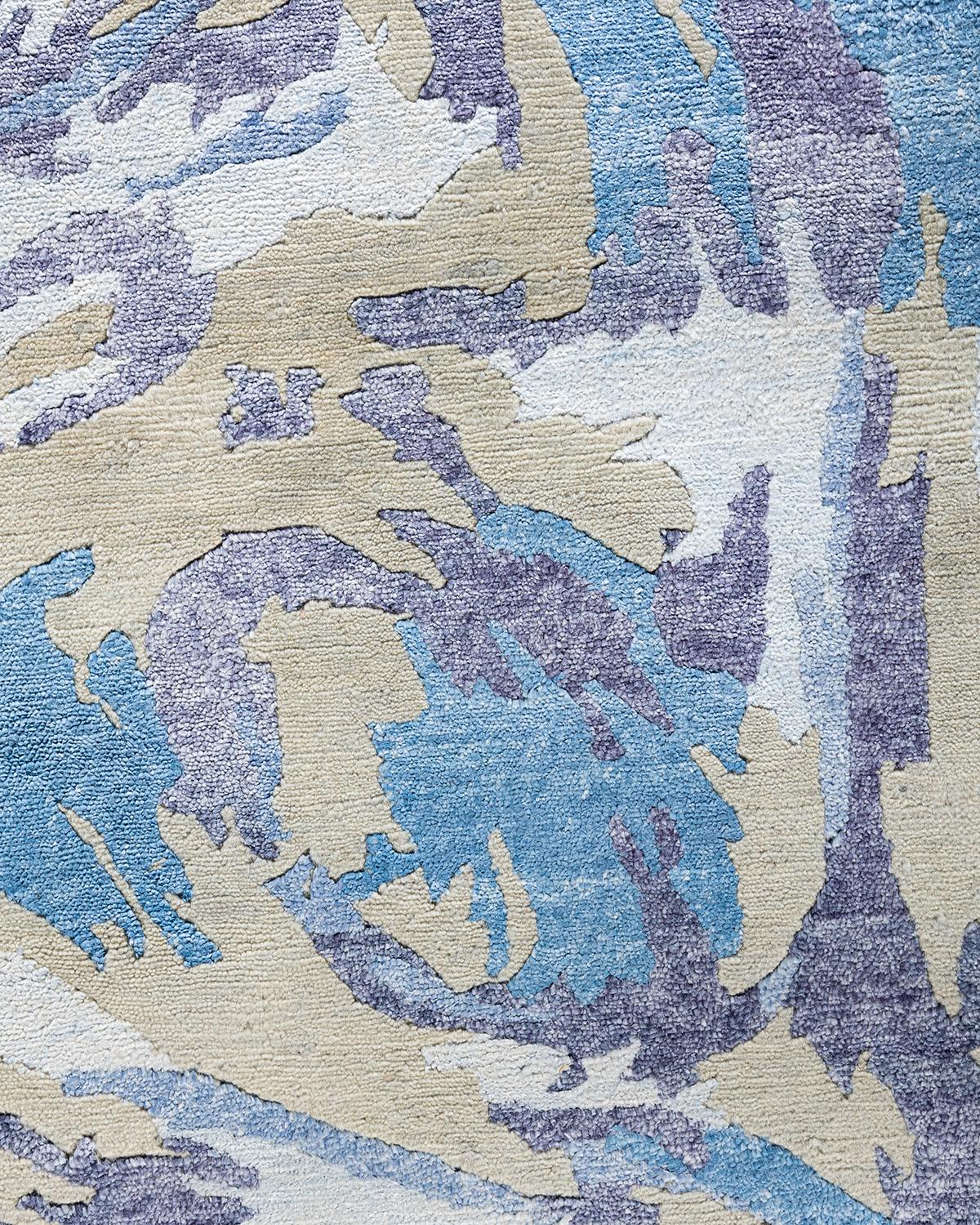 Indian Contemporary Modern Hand Knotted Abstract Silk & Wool Ivory Area Rug 9'1