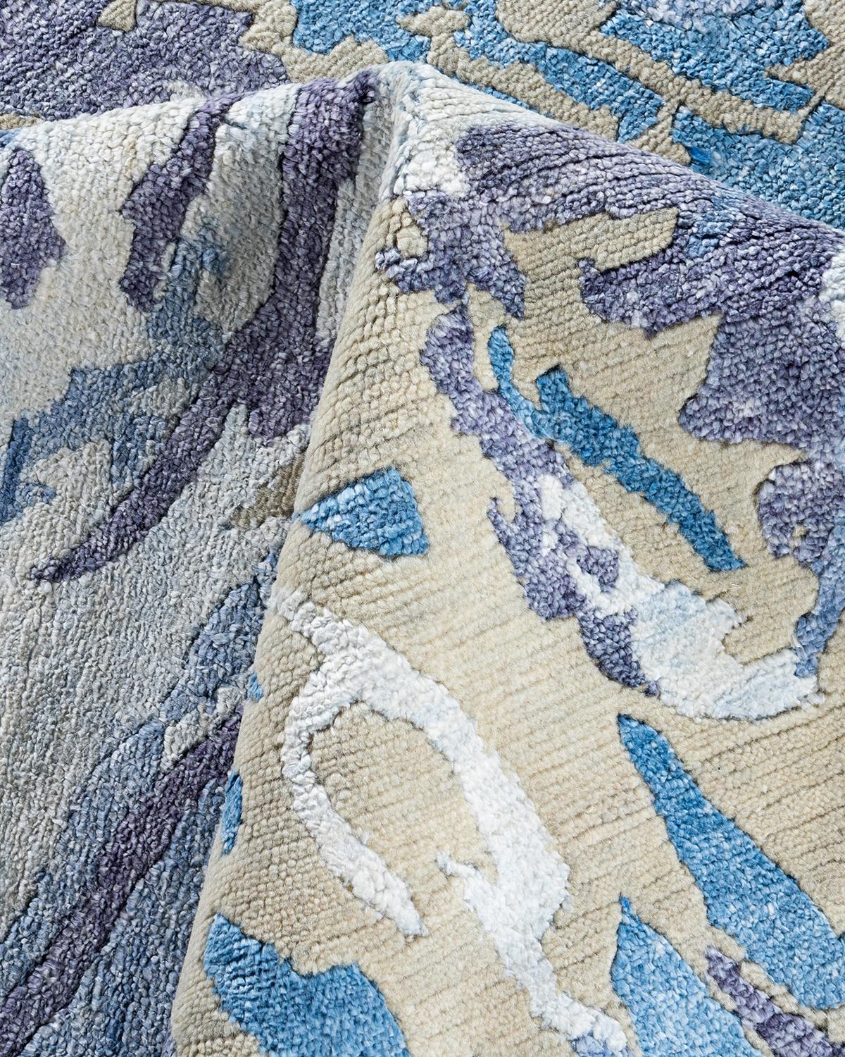 Contemporary Modern Hand Knotted Abstract Silk & Wool Ivory Area Rug 9'1