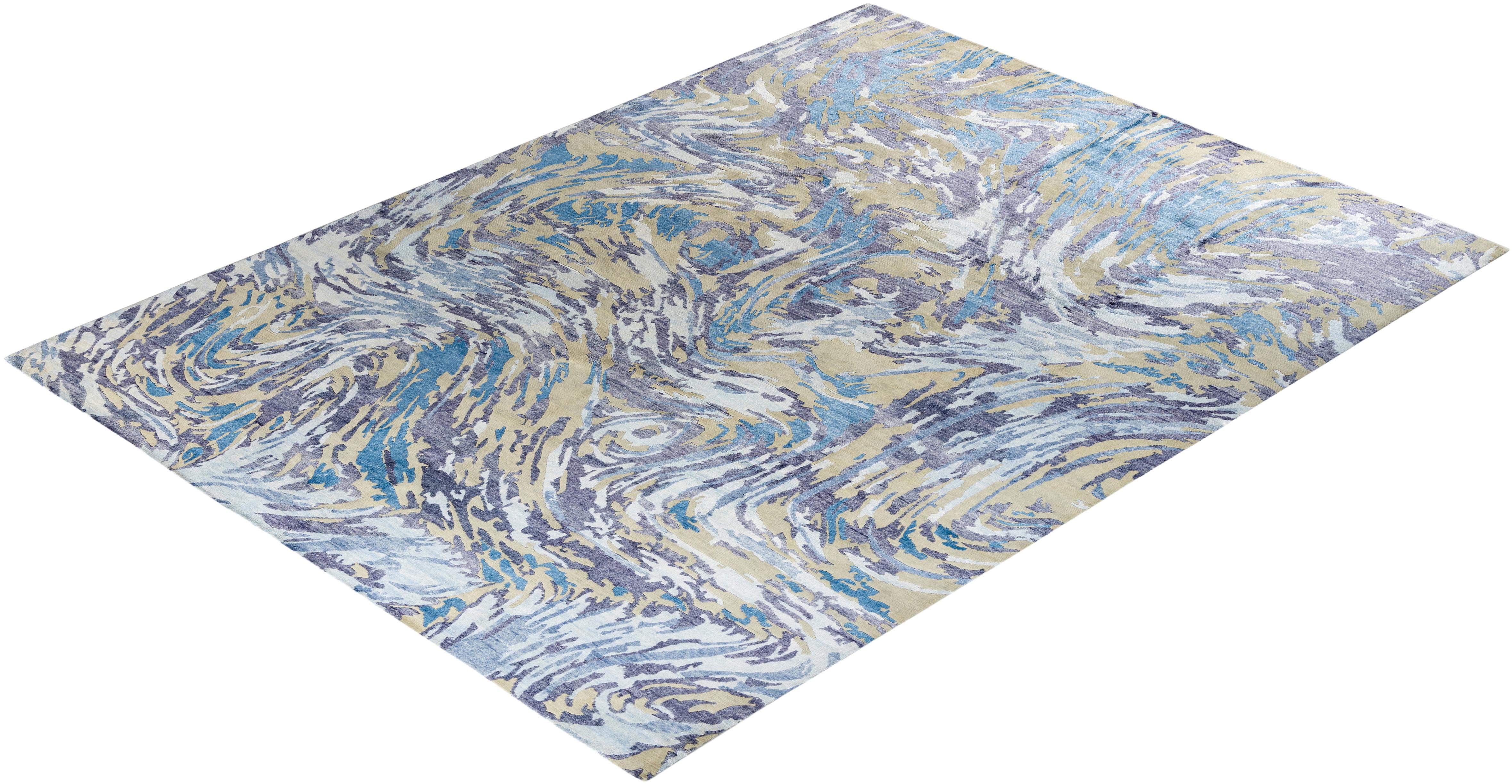 Contemporary Modern Hand Knotted Abstract Silk & Wool Ivory Area Rug 9'1