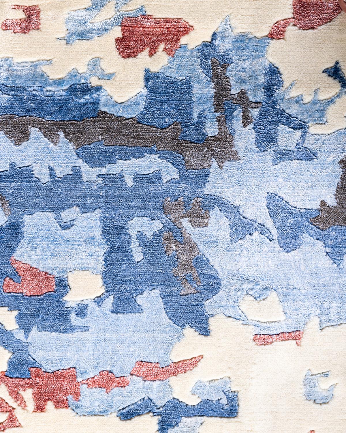 Contemporary Modern Hand Knotted Abstract Silk & Wool Ivory Area Rug 9'1