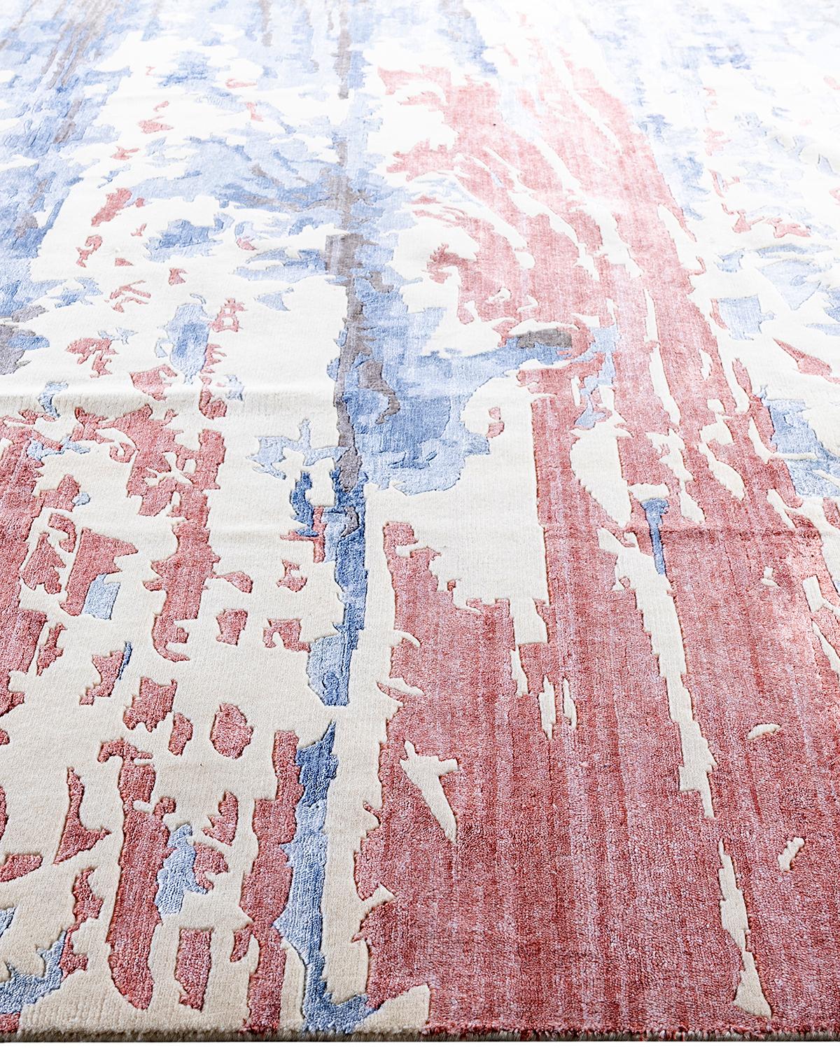 Contemporary Modern Hand Knotted Abstract Silk & Wool Ivory Area Rug 9'1