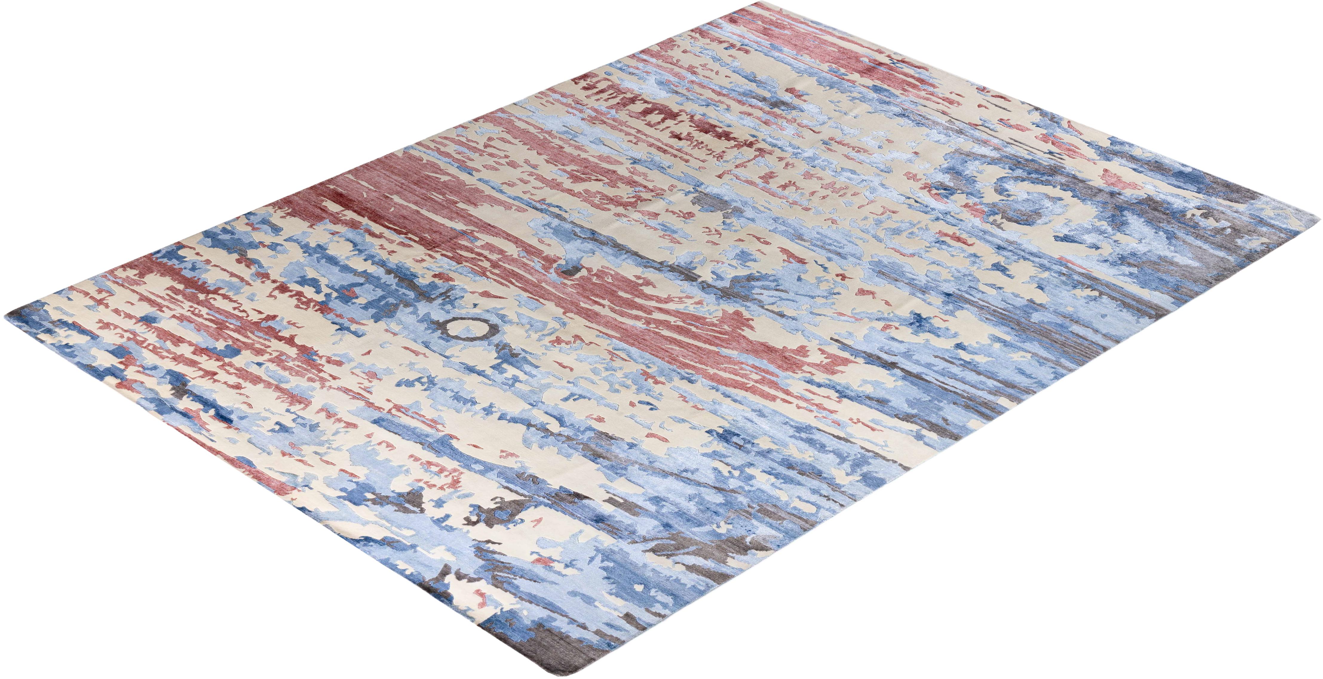 Contemporary Modern Hand Knotted Abstract Silk & Wool Ivory Area Rug 9'1