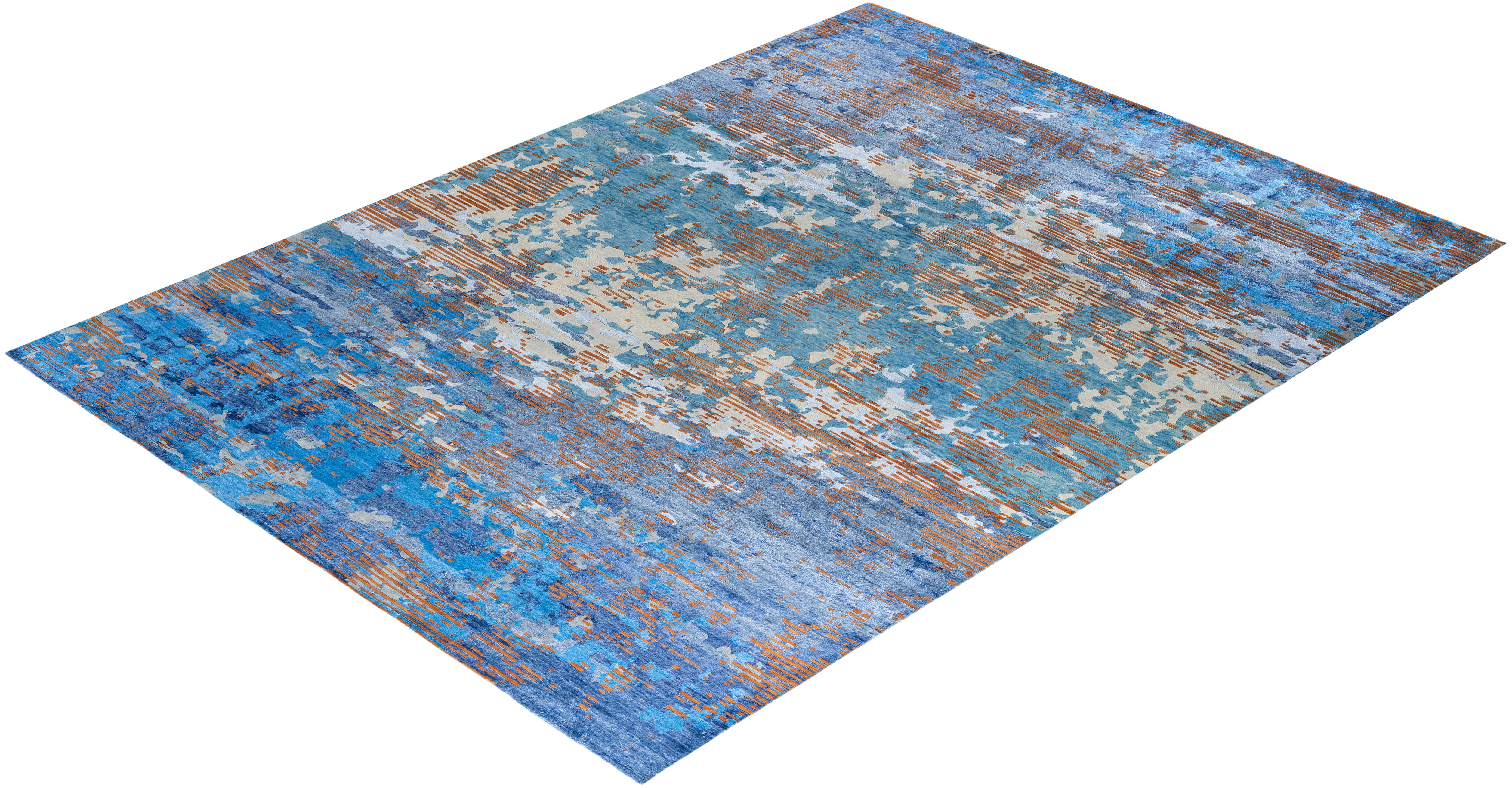 Alfombra de lana y seda abstracta anudada a mano, moderna y contemporánea 9'1