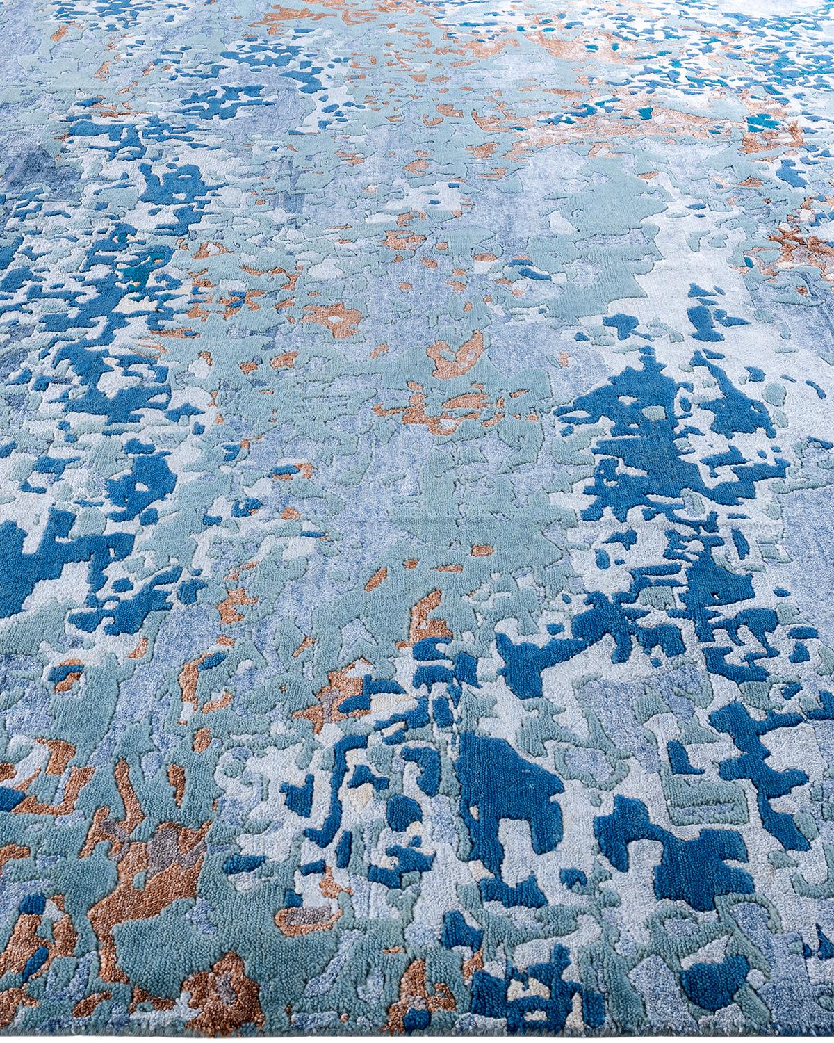 Alfombra Abstracta Contemporánea Moderna Anudada a Mano de Seda y Lana Blanca 9'2