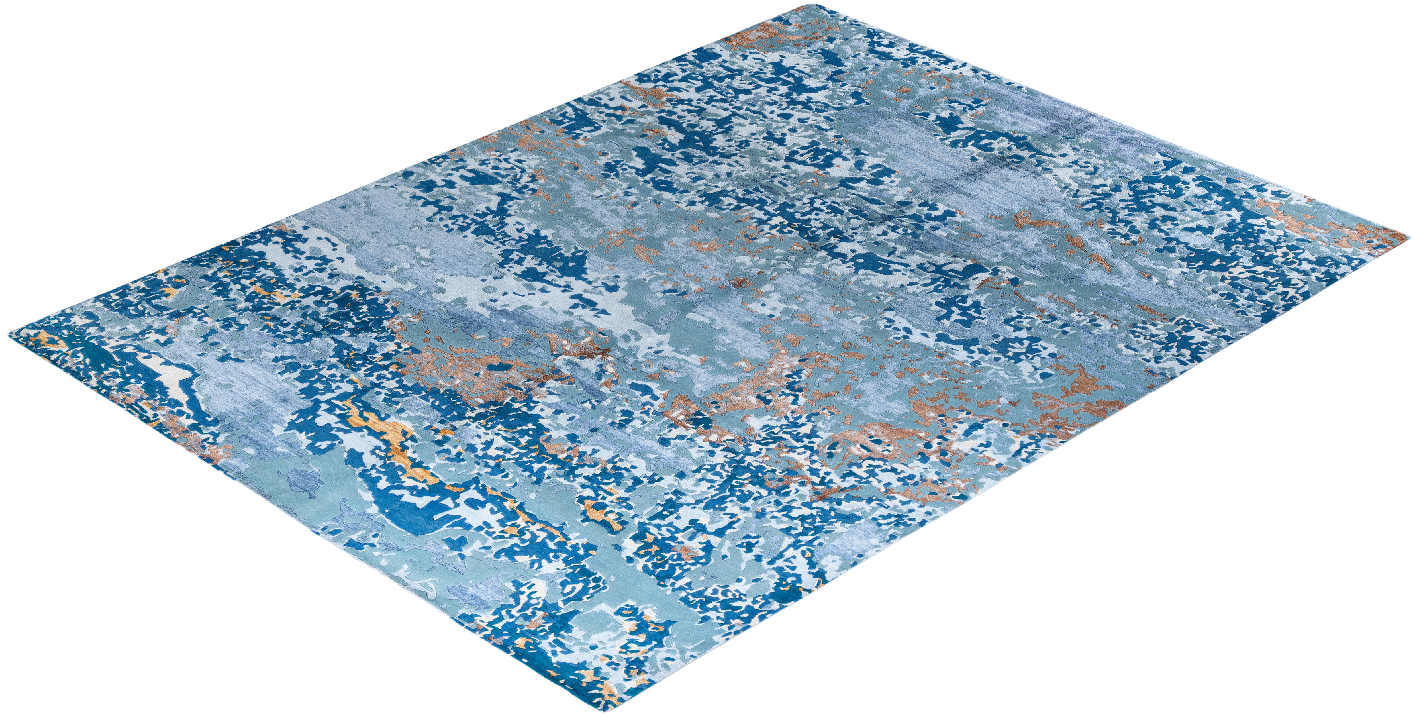 Alfombra Abstracta Contemporánea Moderna Anudada a Mano de Seda y Lana Blanca 9'2