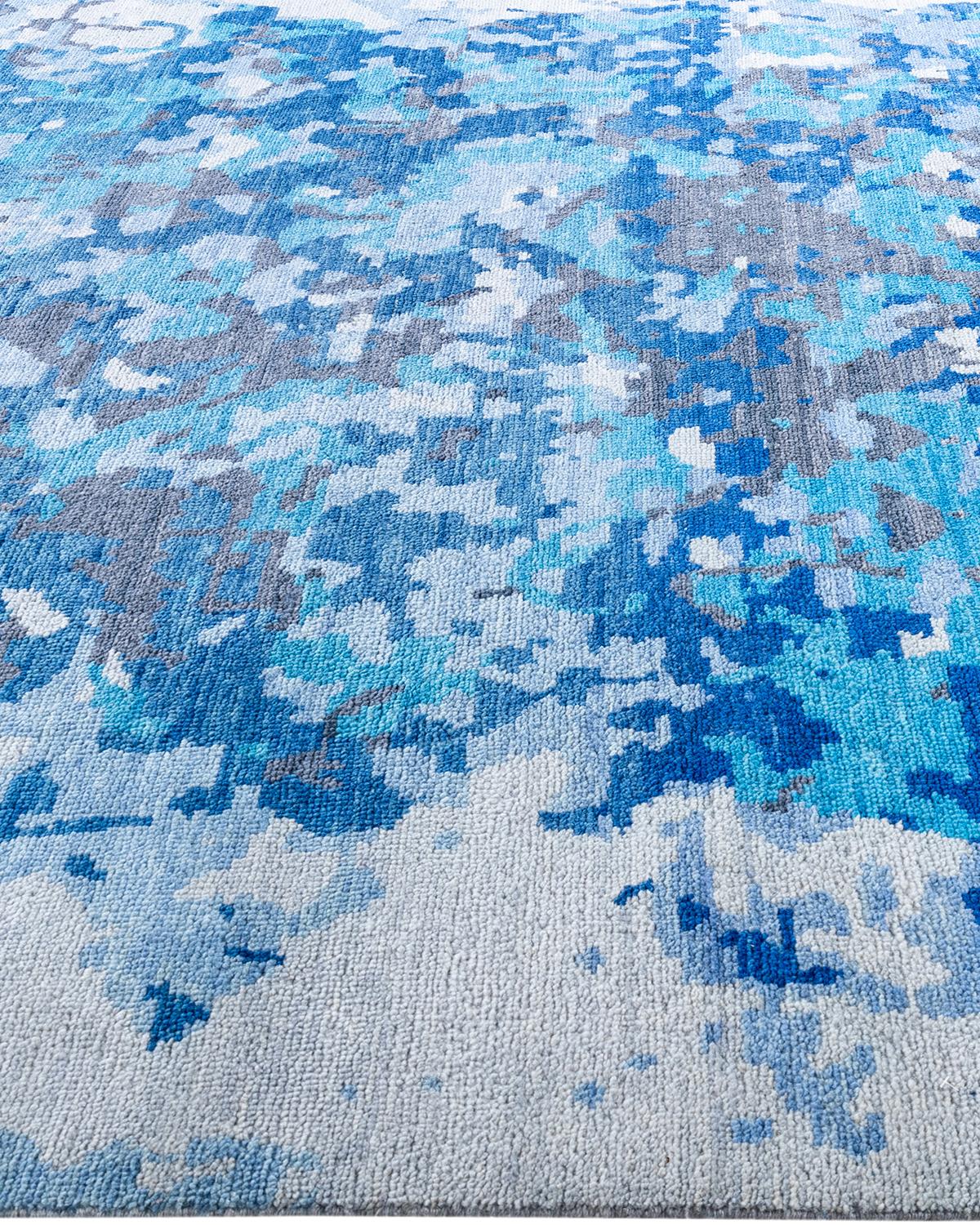 Annodato a mano Contemporary Modern Hand Knoted Abstract Wool Blue Area Rugs 7' 10