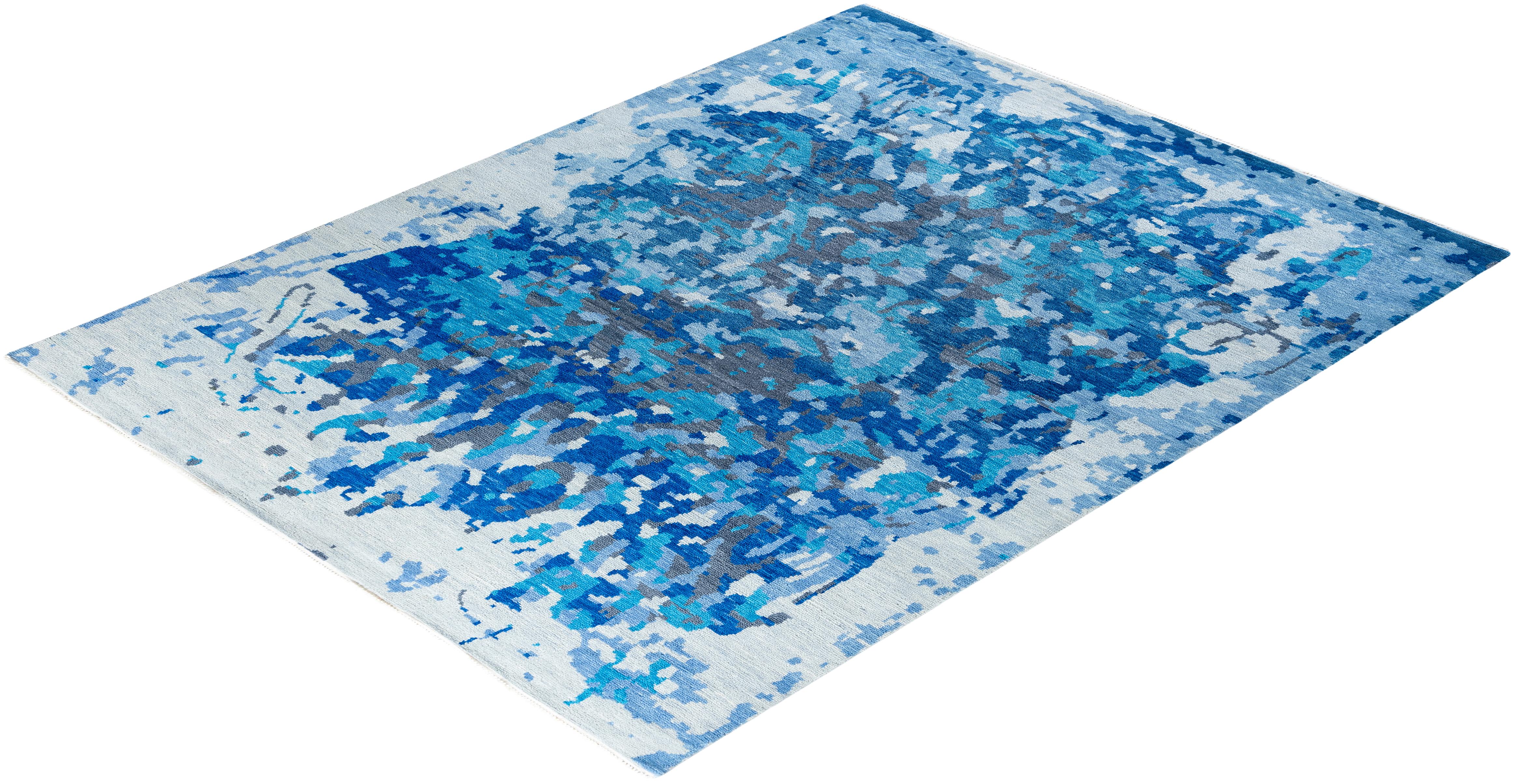 Contemporary Modern Hand Knoted Abstract Wool Blue Area Rugs 7' 10