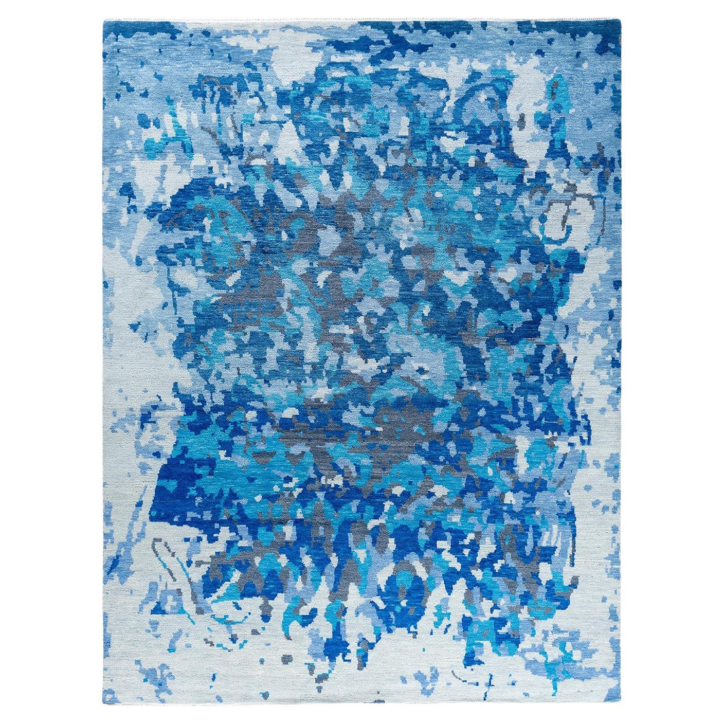 Contemporary Modern Hand Knotted Abstract Wool Blue Area Rug 7' 10" x 10' 2"