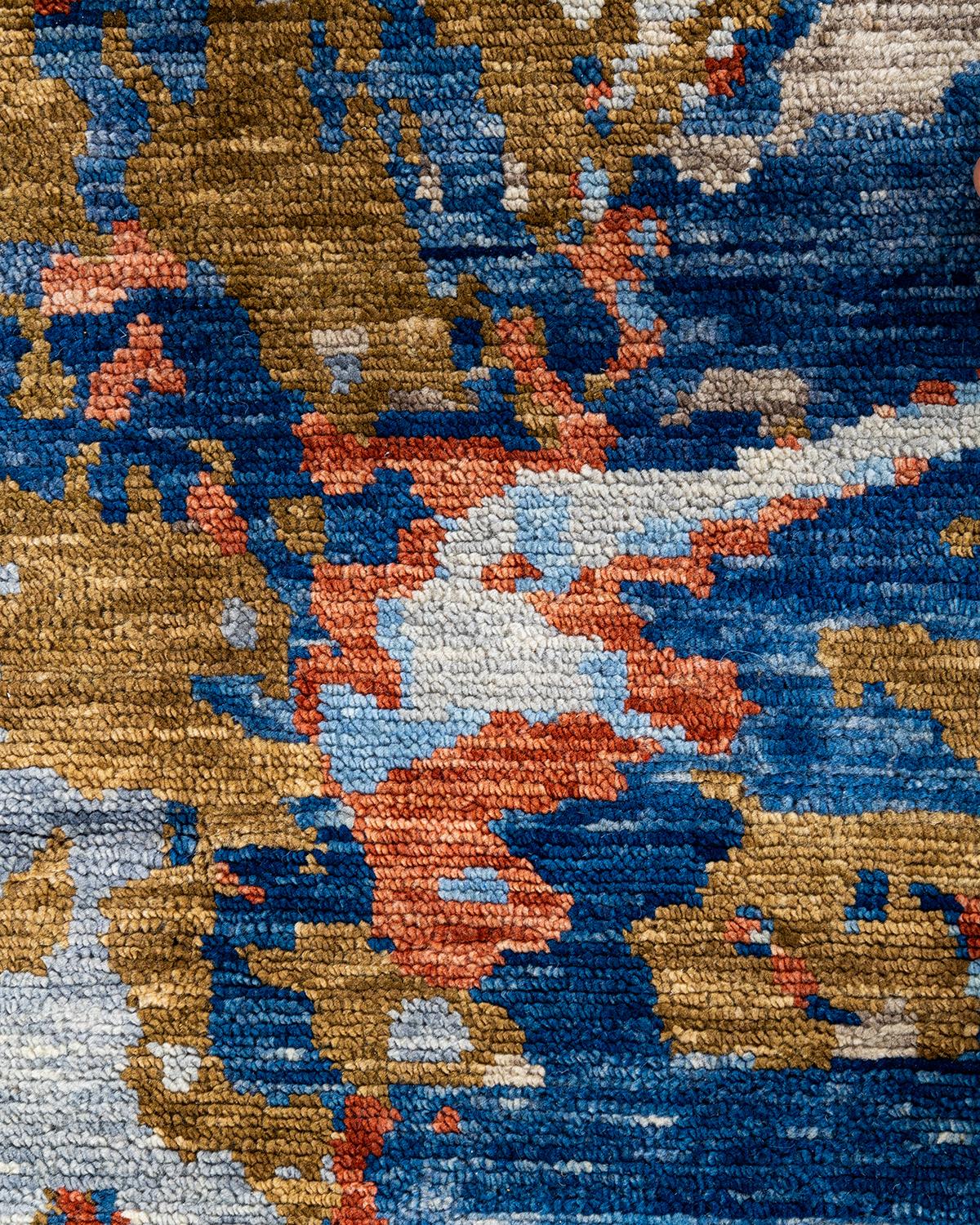 Indian Contemporary Modern Hand Knotted Abstract Wool Blue Area Rug 9' 0