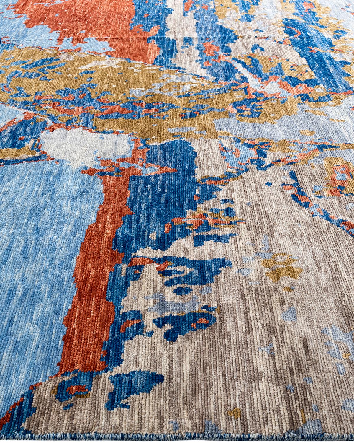 Hand-Knotted Contemporary Modern Hand Knotted Abstract Wool Blue Area Rug 9' 0
