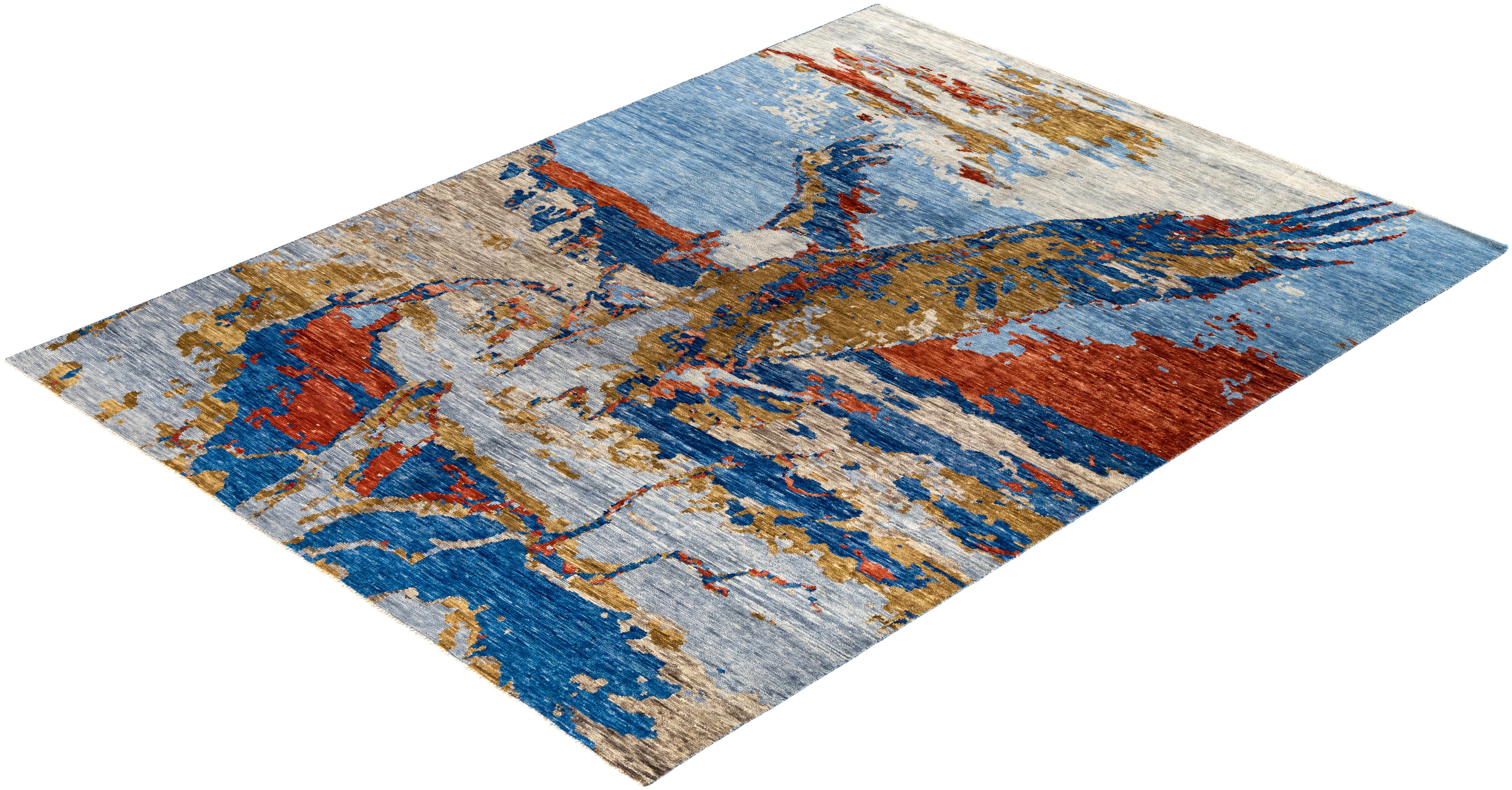 Contemporary Modern Hand Knotted Abstract Wool Blue Area Rug 9' 0