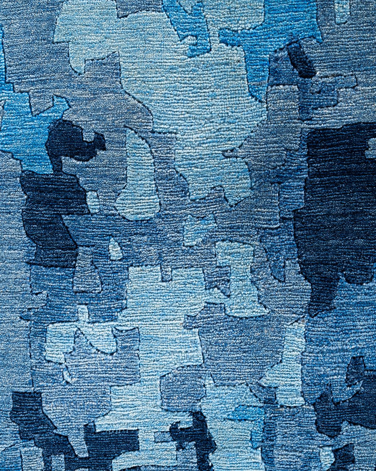 Indiano Tappeto moderno e contemporaneo in lana astratta annodata a mano di colore blu 9' 2