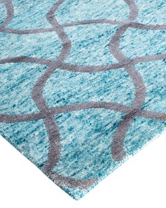 Contemporary Modern Hand Knotted Checkered Silk Green Area Rug 9' 0" x 12' 4"