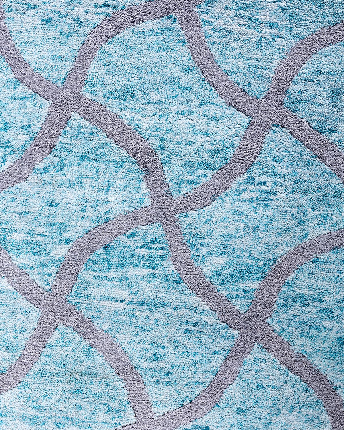 Indian Contemporary Modern Hand Knotted Checkered Silk Green Area Rug 9' 0