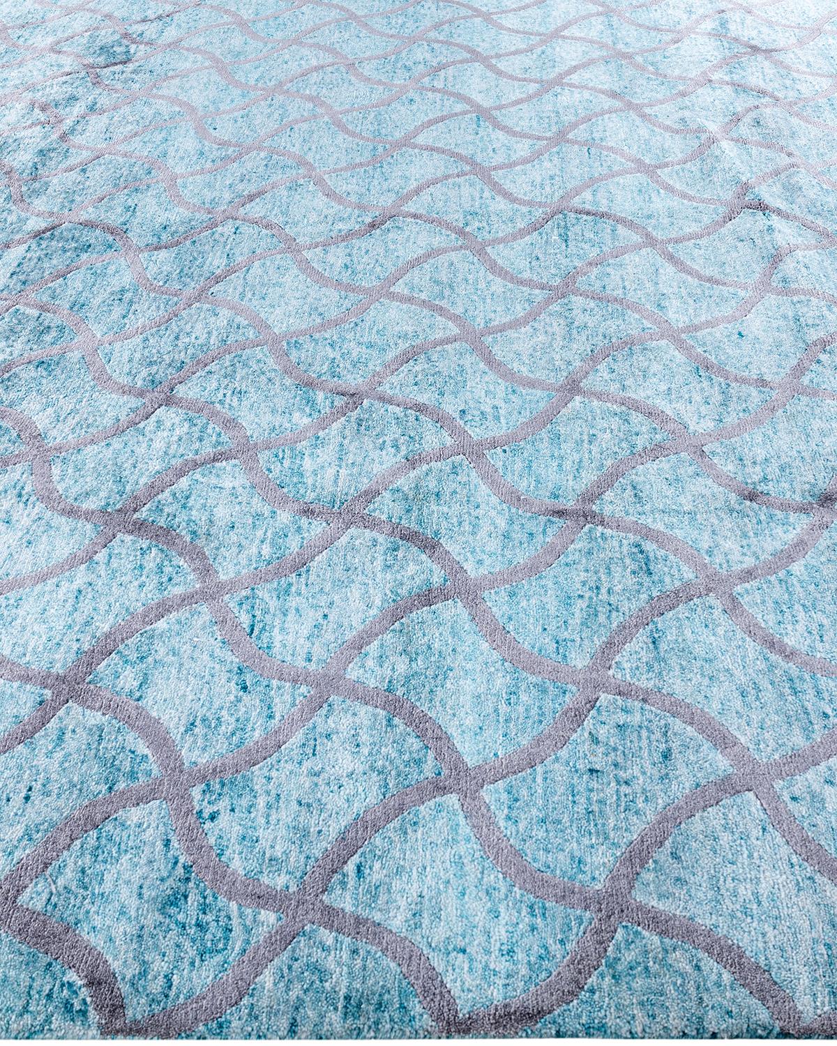 Hand-Knotted Contemporary Modern Hand Knotted Checkered Silk Green Area Rug 9' 0