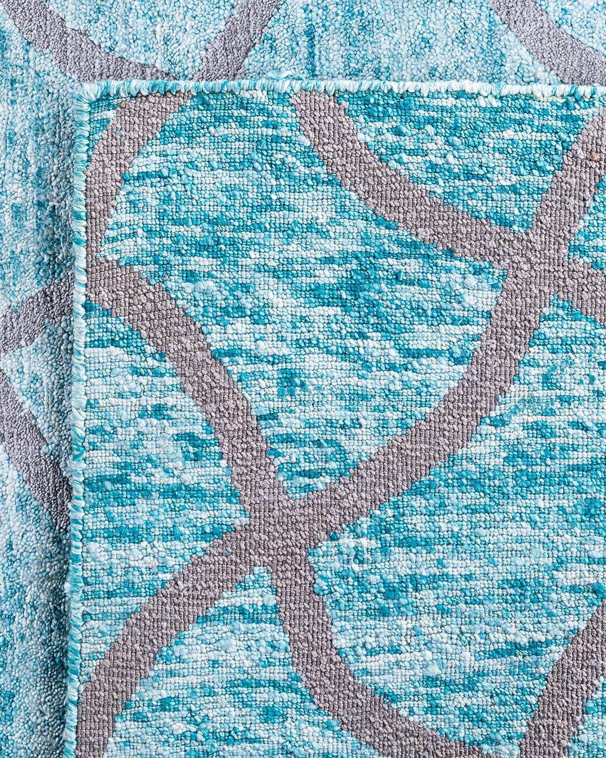 Contemporary Modern Hand Knotted Checkered Silk Green Area Rug 9' 0