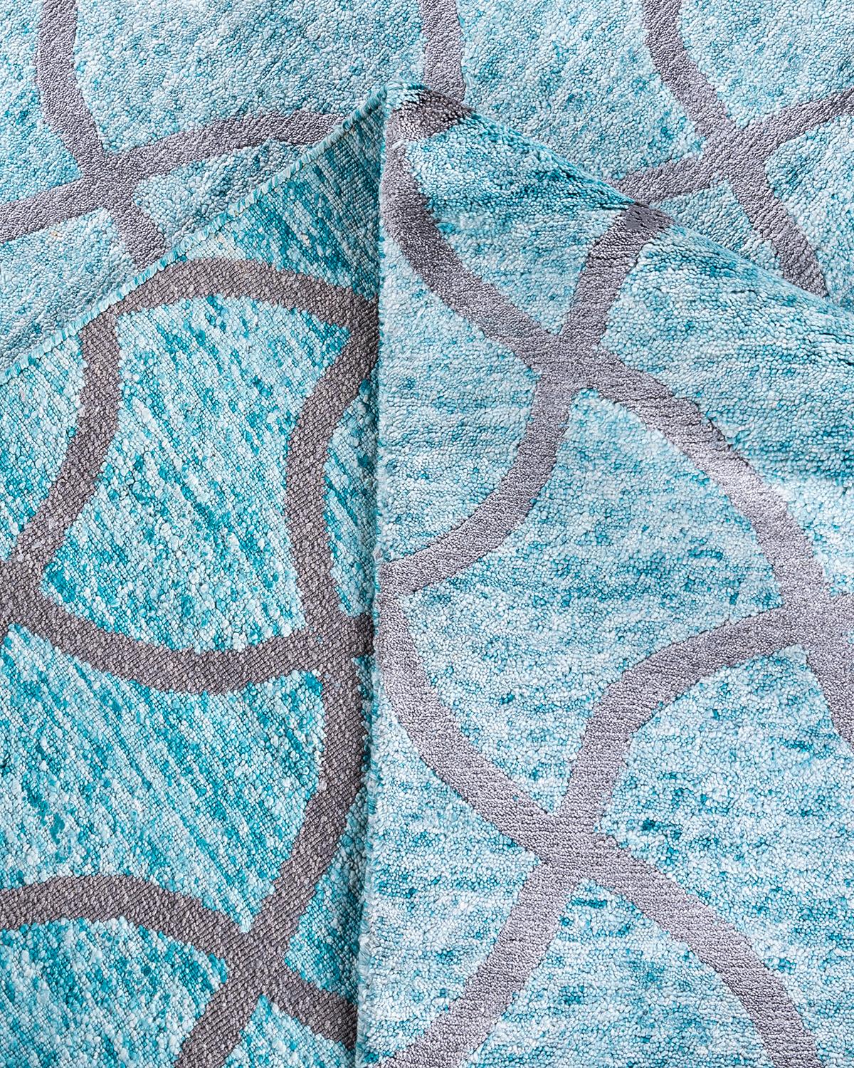 Contemporary Modern Hand Knotted Checkered Silk Green Area Rug 9' 0