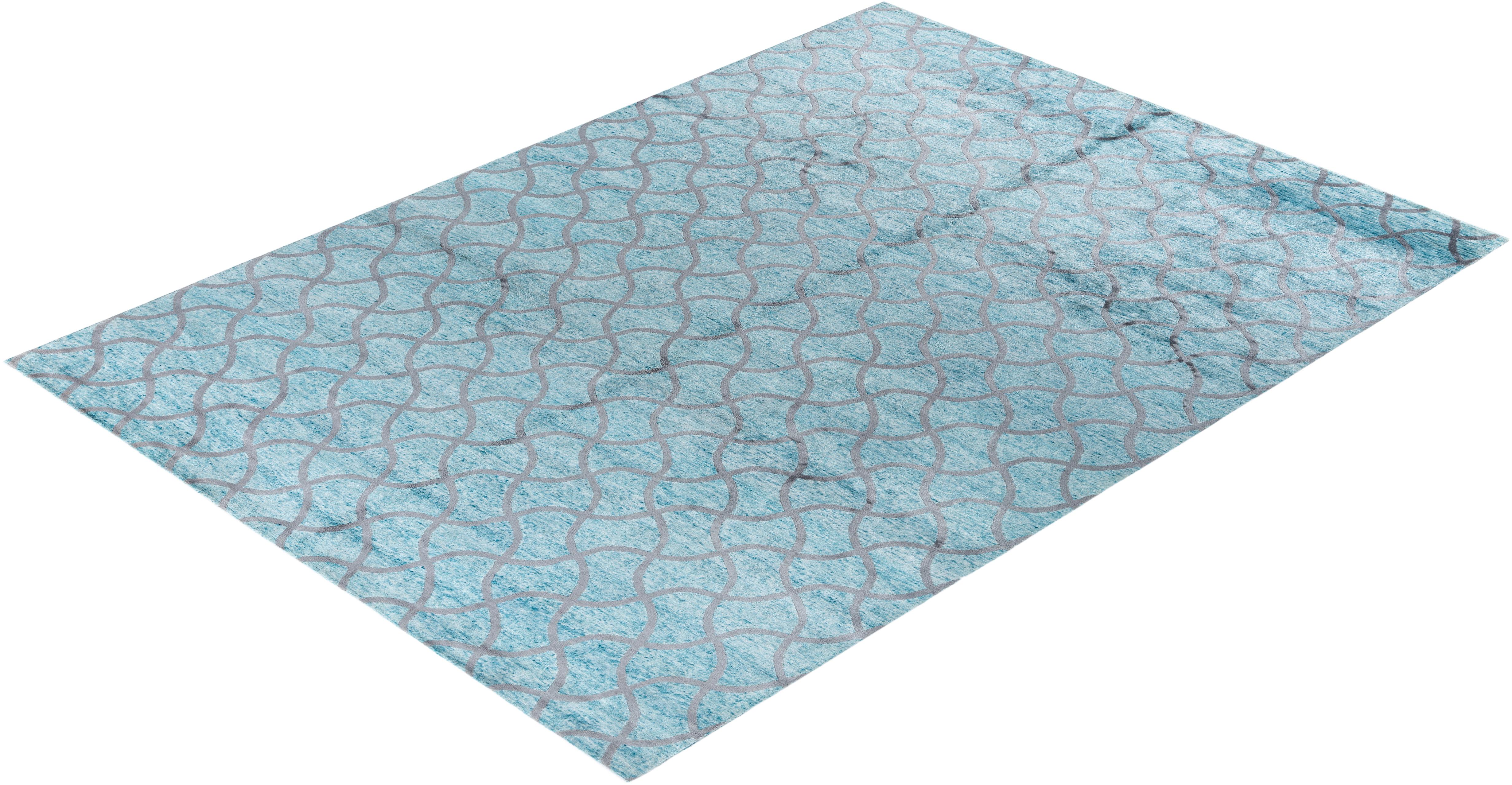 Contemporary Modern Hand Knotted Checkered Silk Green Area Rug 9' 0
