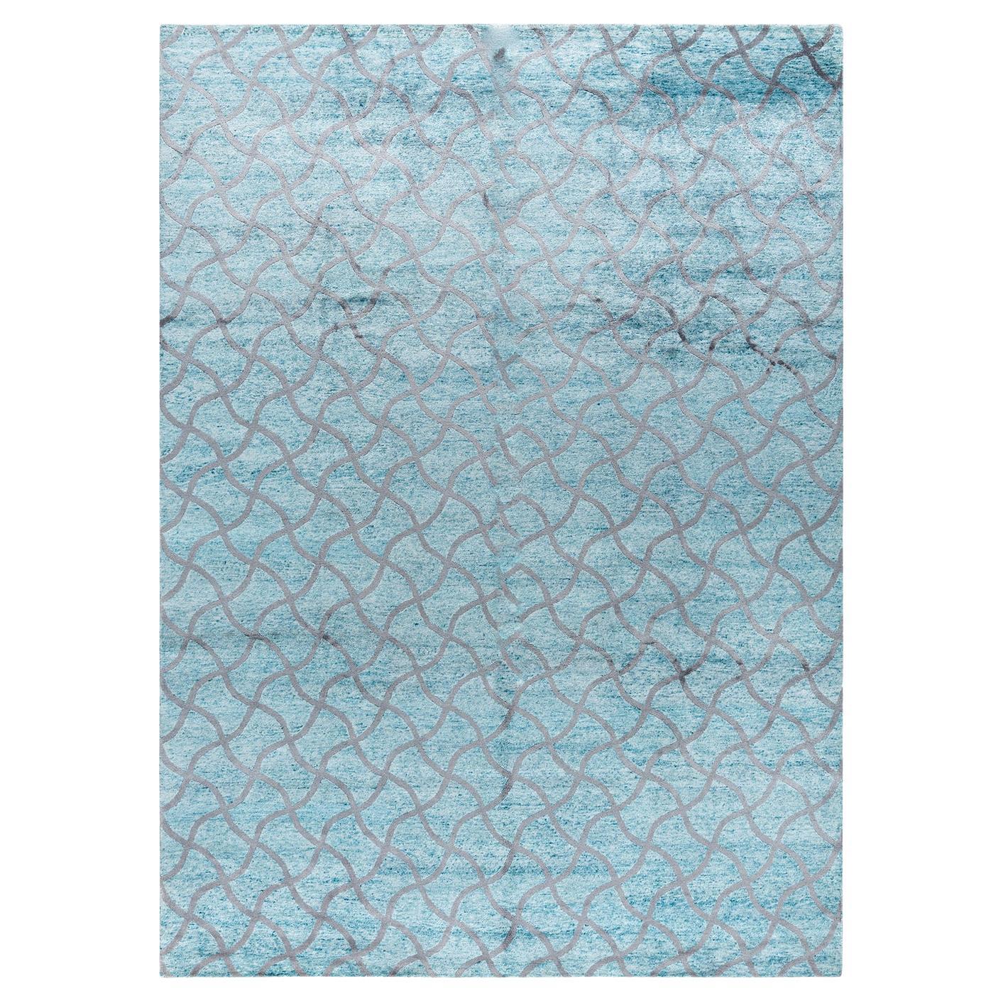 Contemporary Modern Hand Knotted Checkered Silk Green Area Rug 9' 0" x 12' 4"