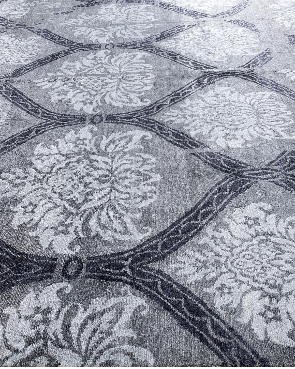 Annodato a mano Tappeto moderno e contemporaneo in seta floreale grigio annodato a mano 9' 2