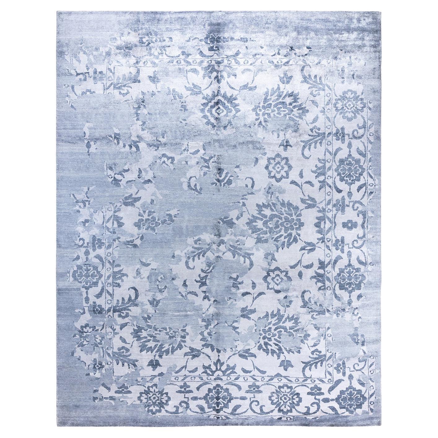 Contemporary Modern Floral Floral Silk Gray Area Rug 9' 4" x 12' 1" (tapis de sol gris noué à la main)