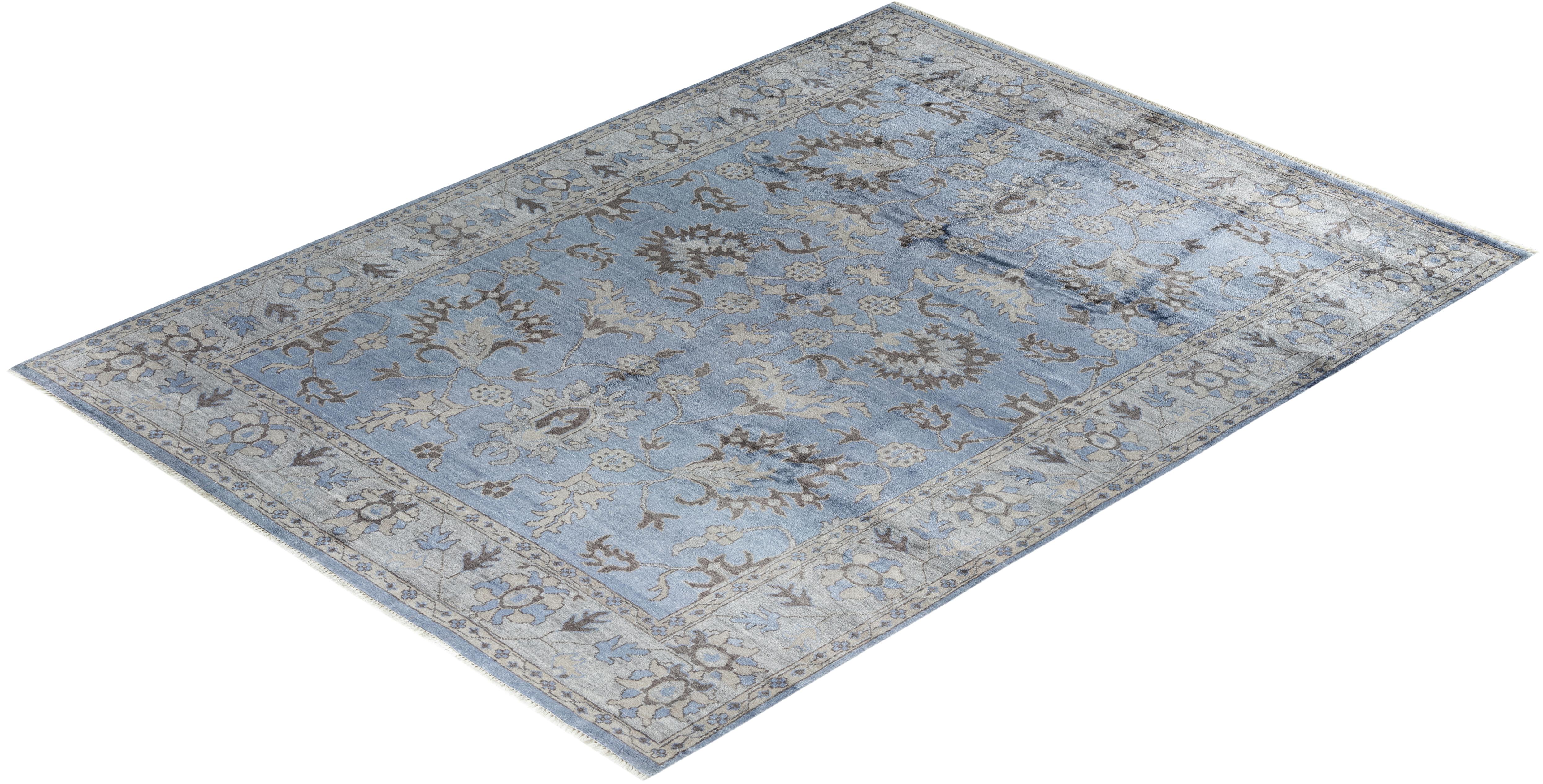 Contemporary Modern Hand Knotted Floral Silk Purple Area Rug 9' 1