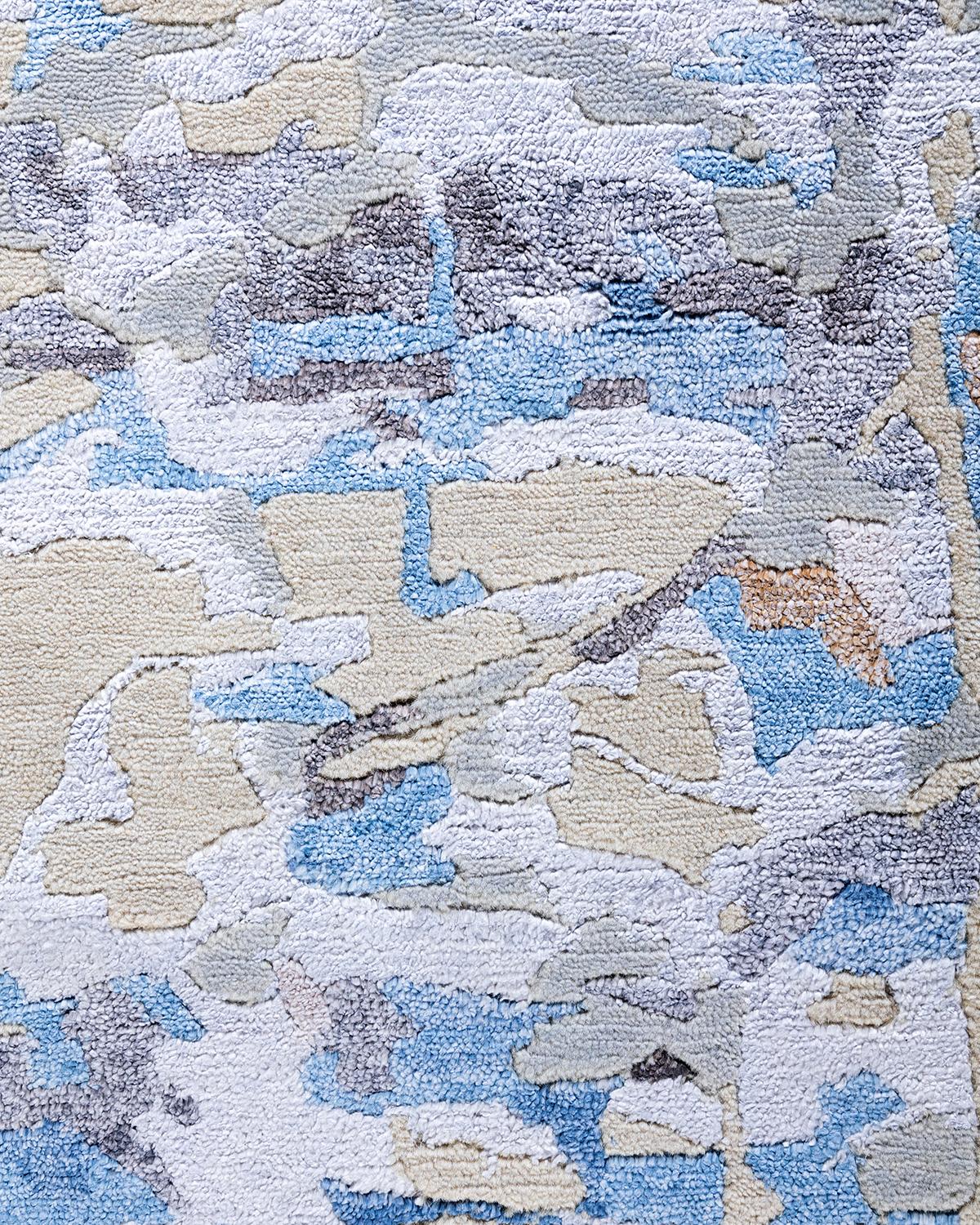 Indian Contemporary Modern Hand Knotted Floral Silk & Wool Beige Area Rug 8' 2