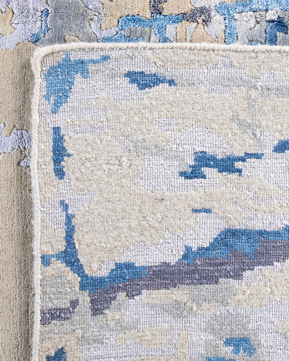 Contemporary Modern Hand Knotted Floral Silk & Wool Beige Area Rug 8' 2