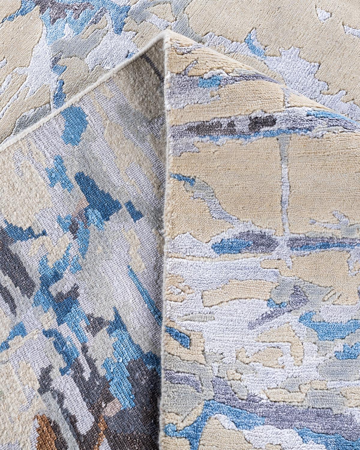 Contemporary Modern Hand Knotted Floral Silk & Wool Beige Area Rug 8' 2