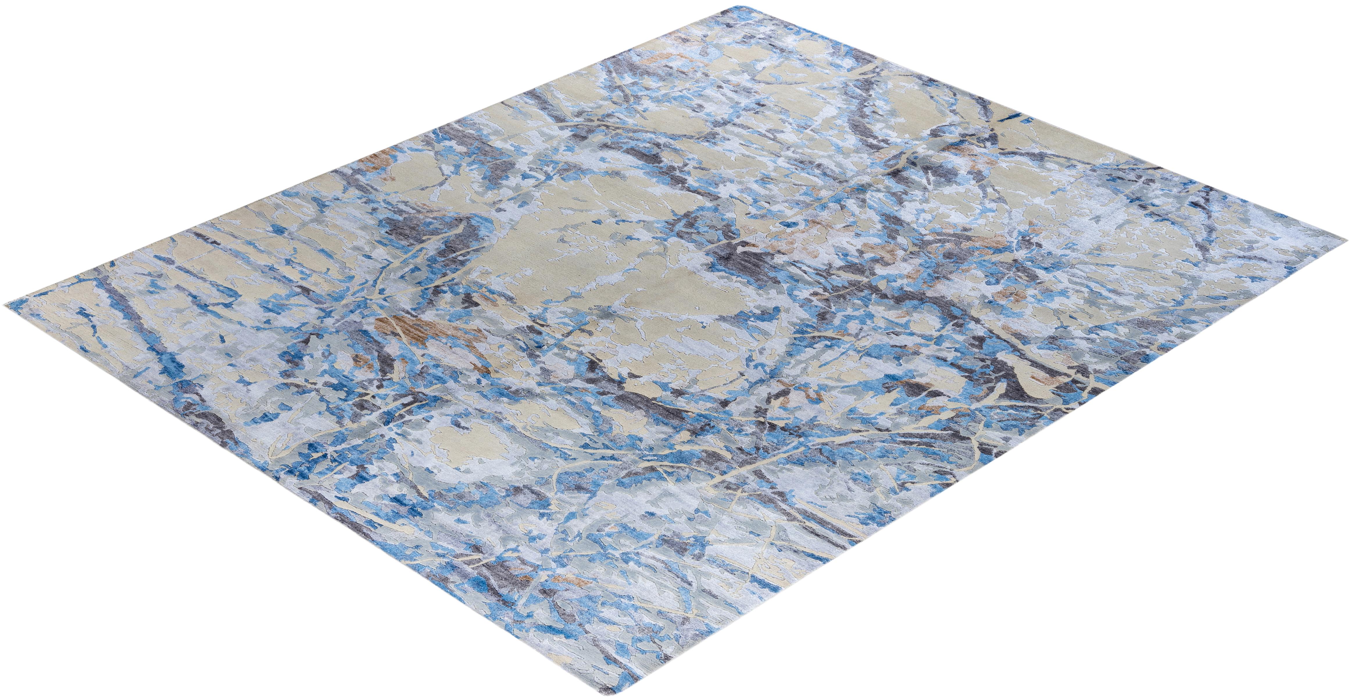 Contemporary Modern Hand Knotted Floral Silk & Wool Beige Area Rug 8' 2