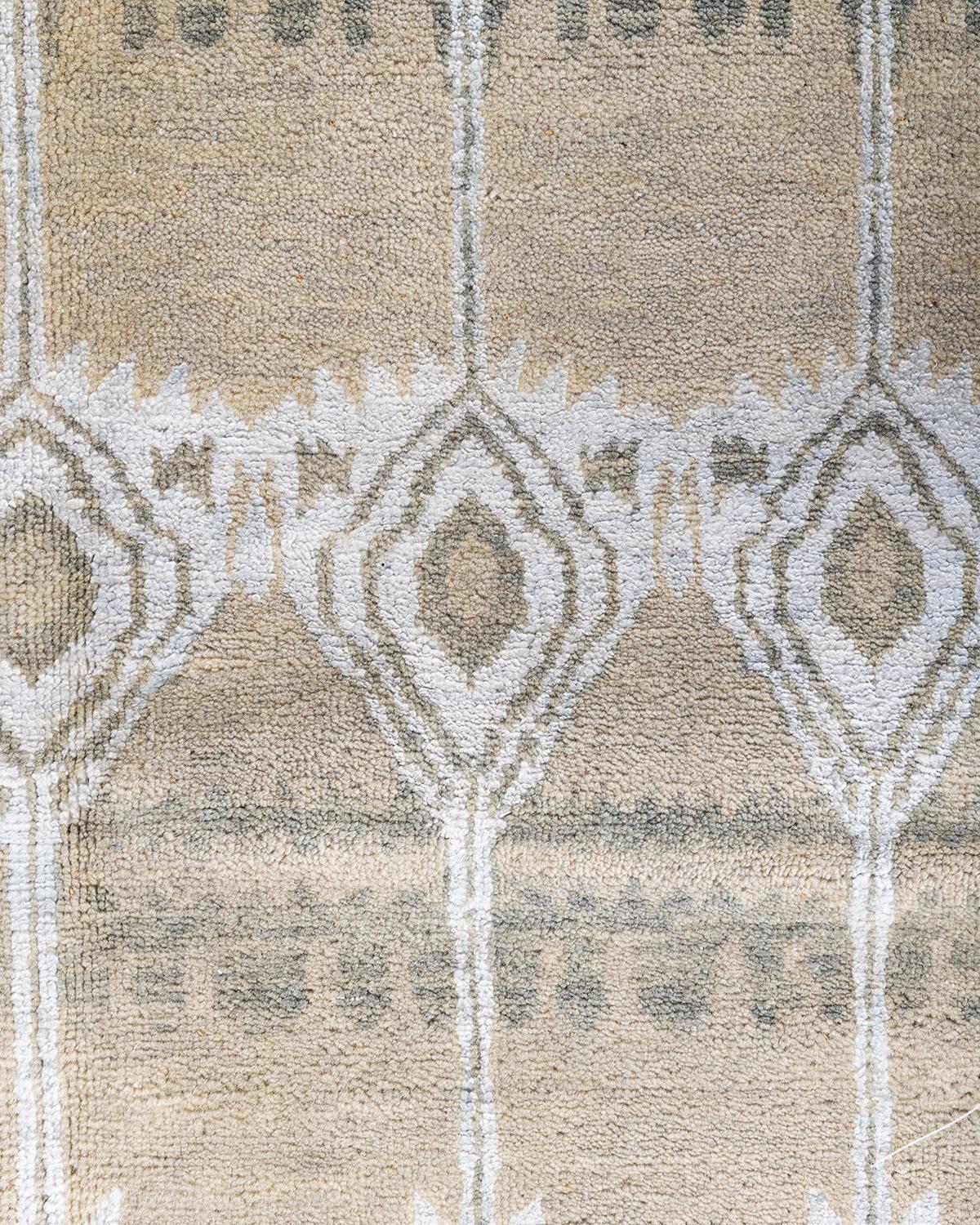 Indian Contemporary Modern Hand Knotted Floral Silk & Wool Beige Area Rug 9' 2