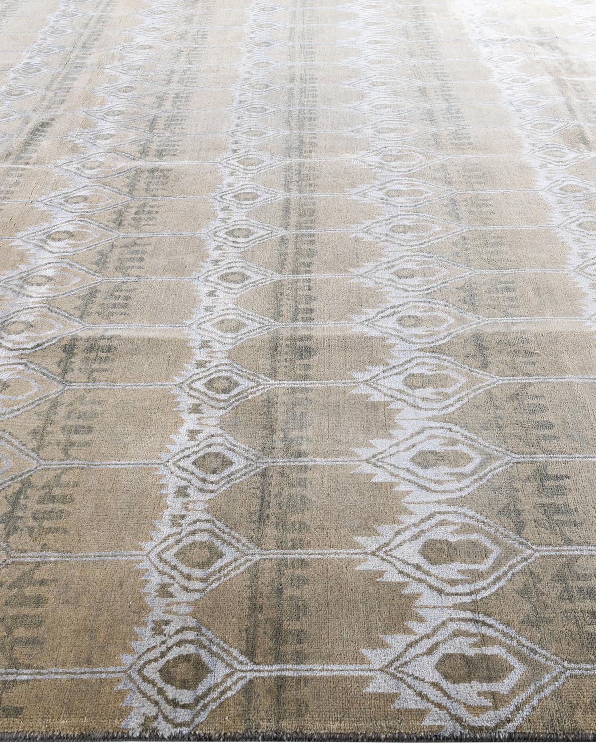 Hand-Knotted Contemporary Modern Hand Knotted Floral Silk & Wool Beige Area Rug 9' 2